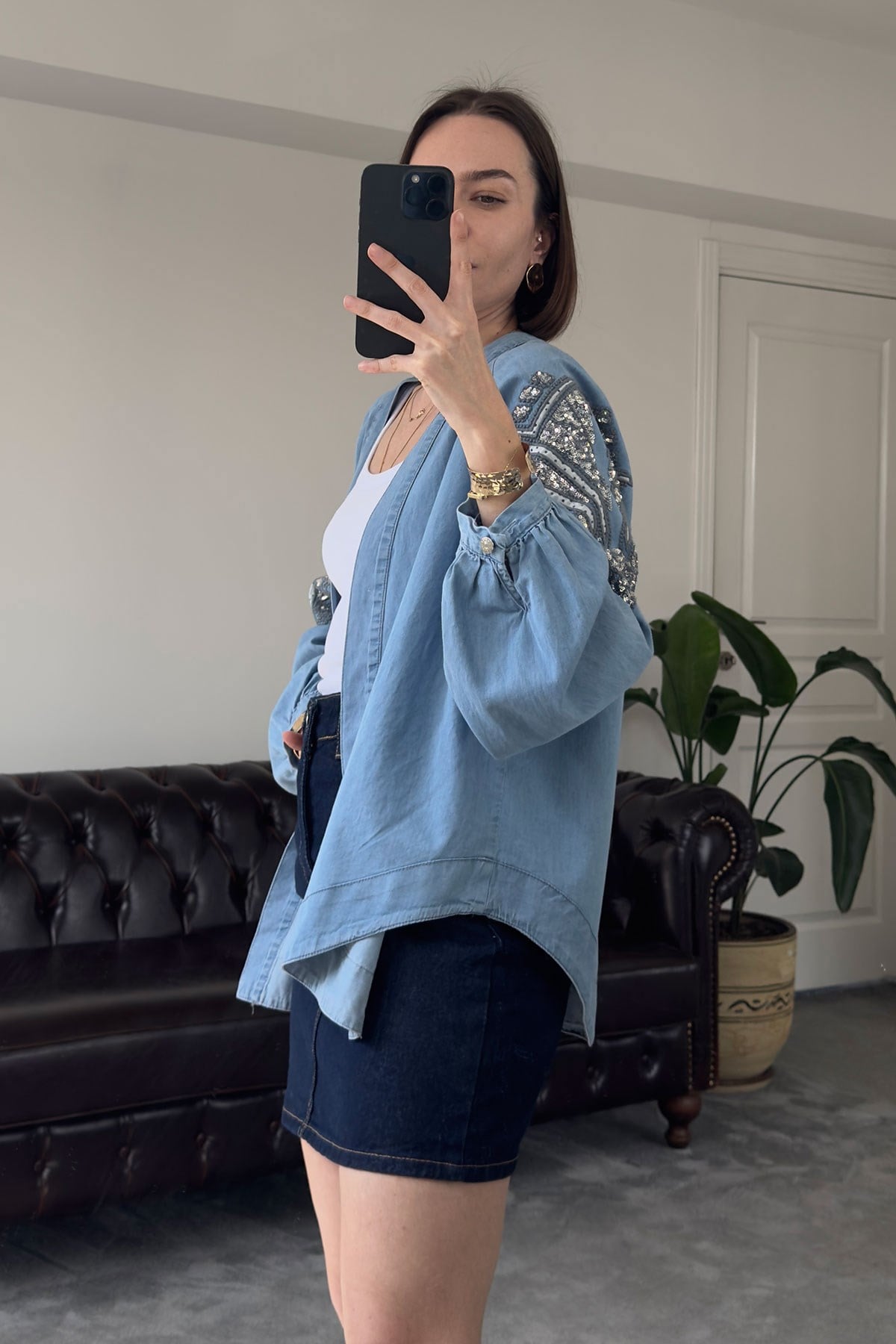 Pullu Premium Jean Kimono- MAVİ