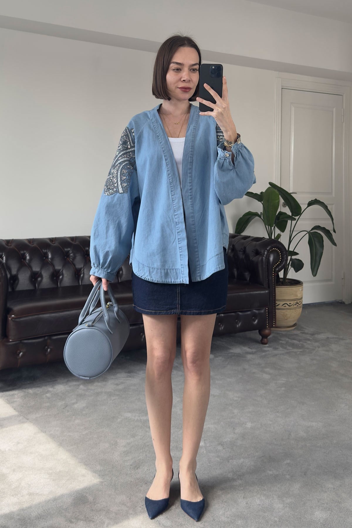 Pullu Premium Jean Kimono- MAVİ