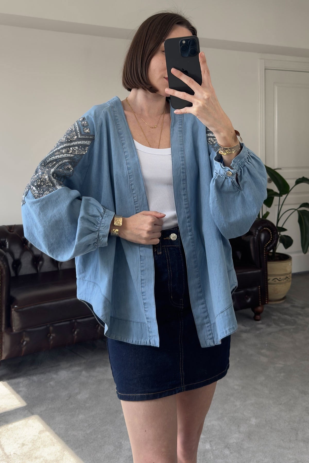 Pullu Premium Jean Kimono- MAVİ
