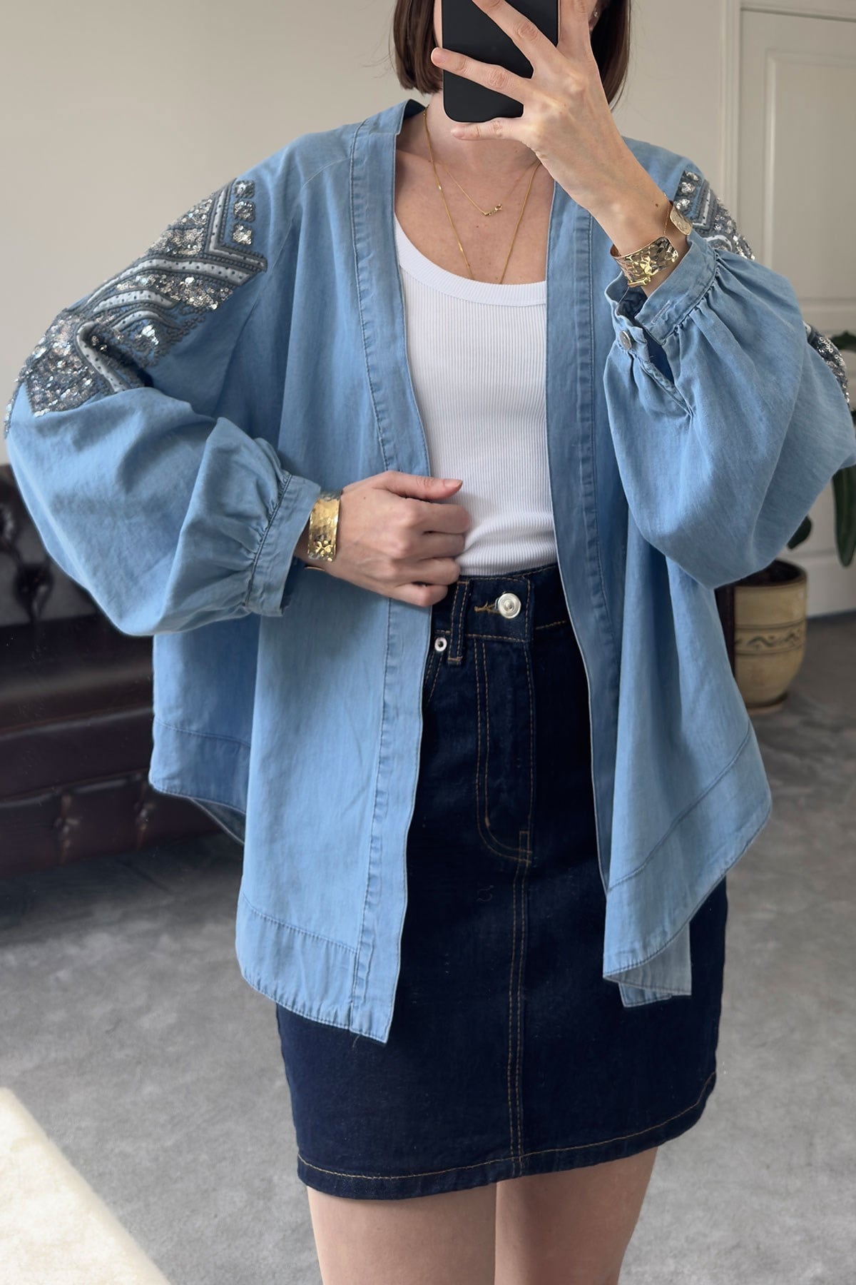 Pullu Premium Jean Kimono- MAVİ