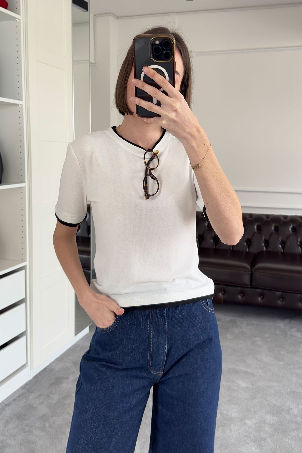 Renk Detay Triko Tshirt- EKRU