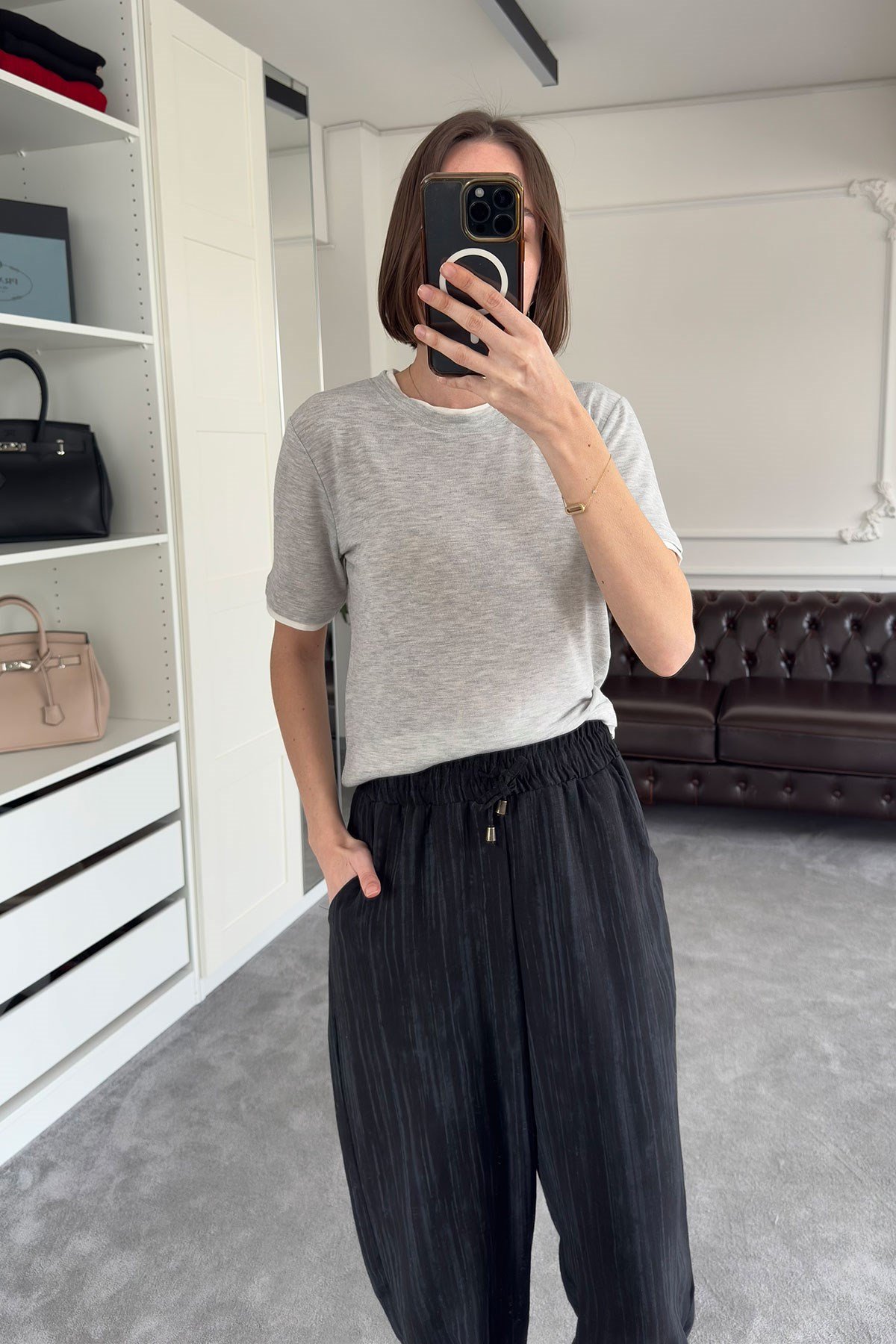 Renk Detay Triko Tshirt- GRİ
