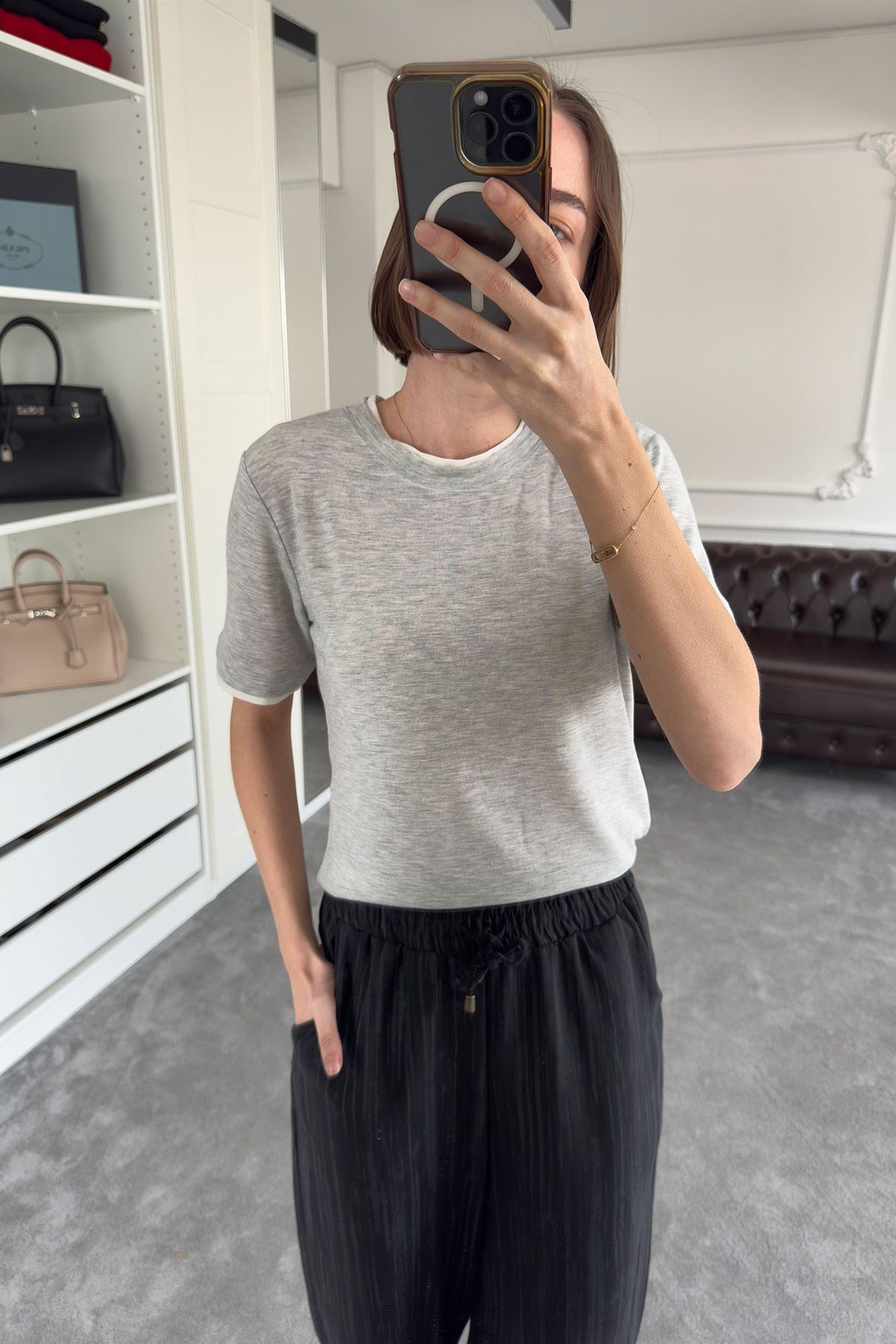 Renk Detay Triko Tshirt- GRİ