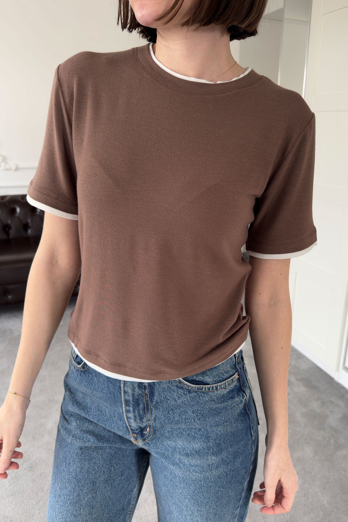 Renk Detay Triko Tshirt- KAHVERENGİ