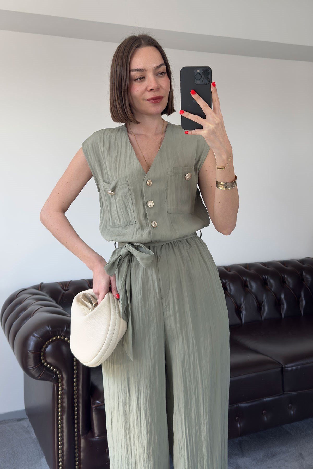 Safari Model Kırışık Sıfır Kol Tulum- MİNT