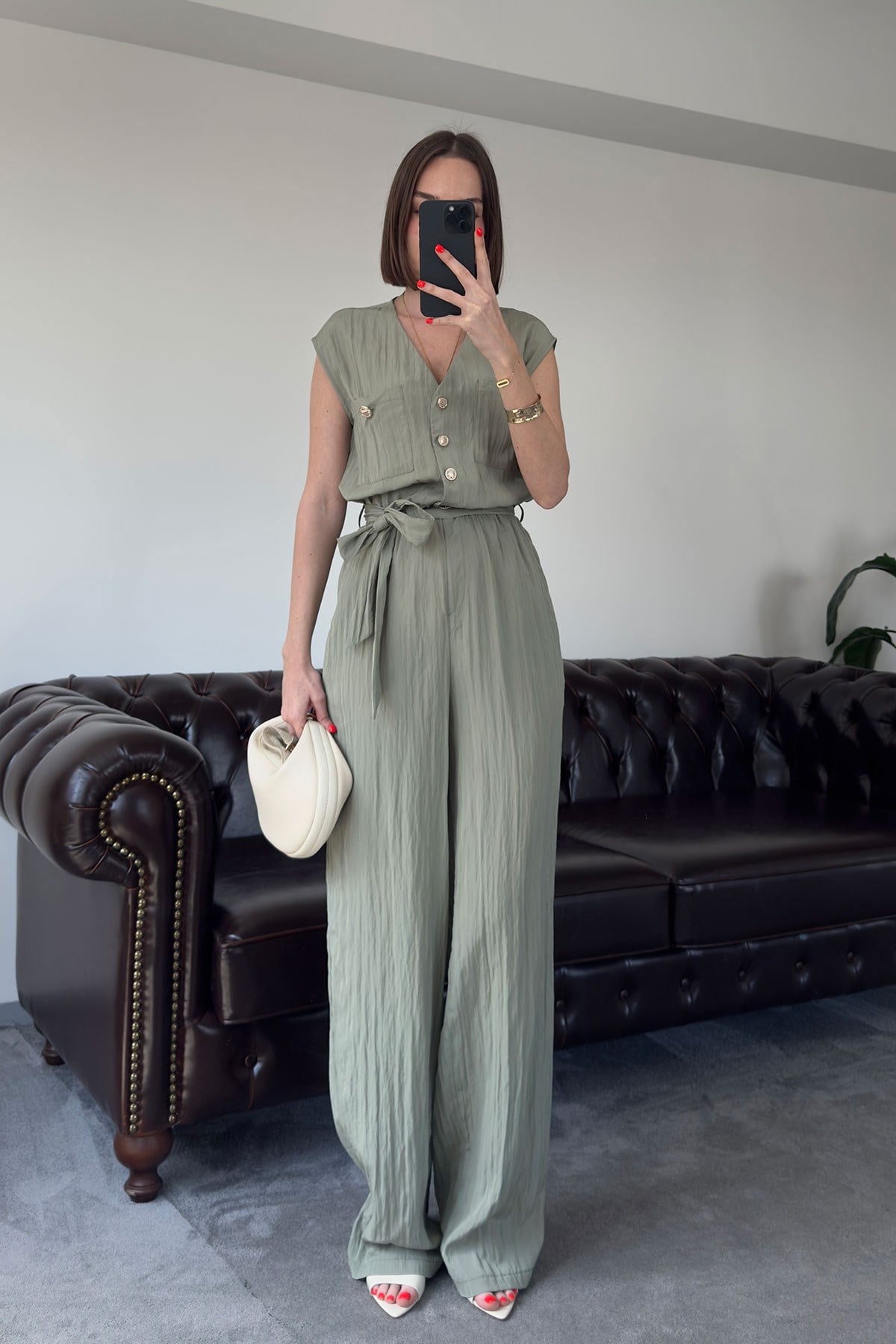 Safari Model Kırışık Sıfır Kol Tulum- MİNT