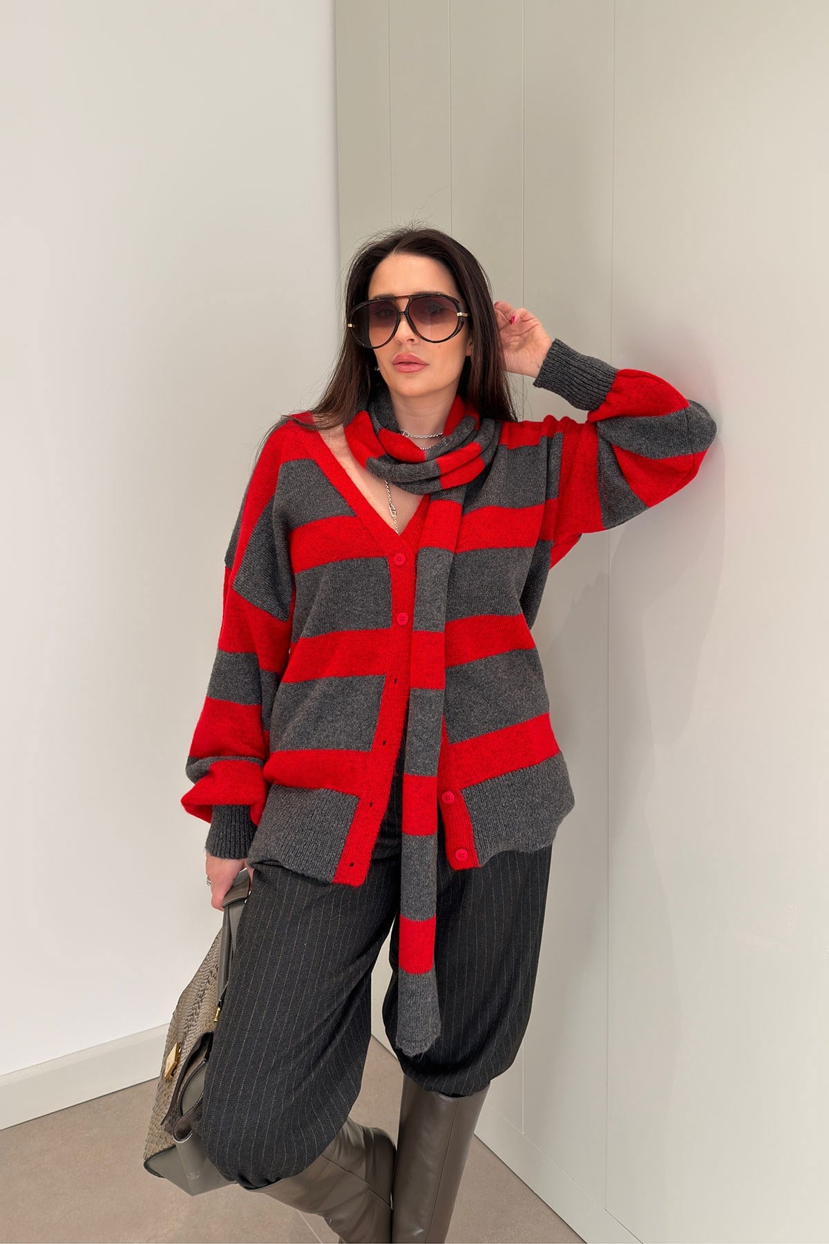 Şal Desen Çizgili Oversize Hırka- ANTRASİT