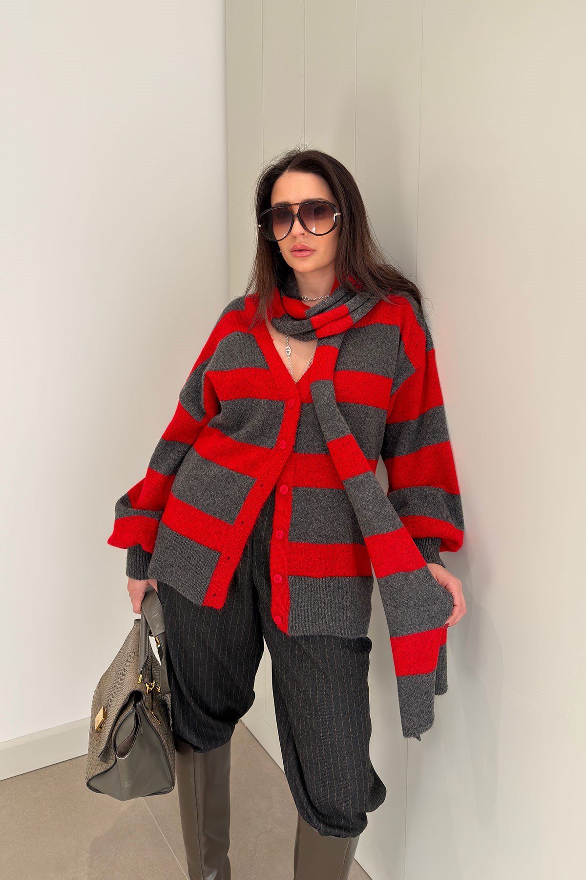 Şal Desen Çizgili Oversize Hırka- ANTRASİT