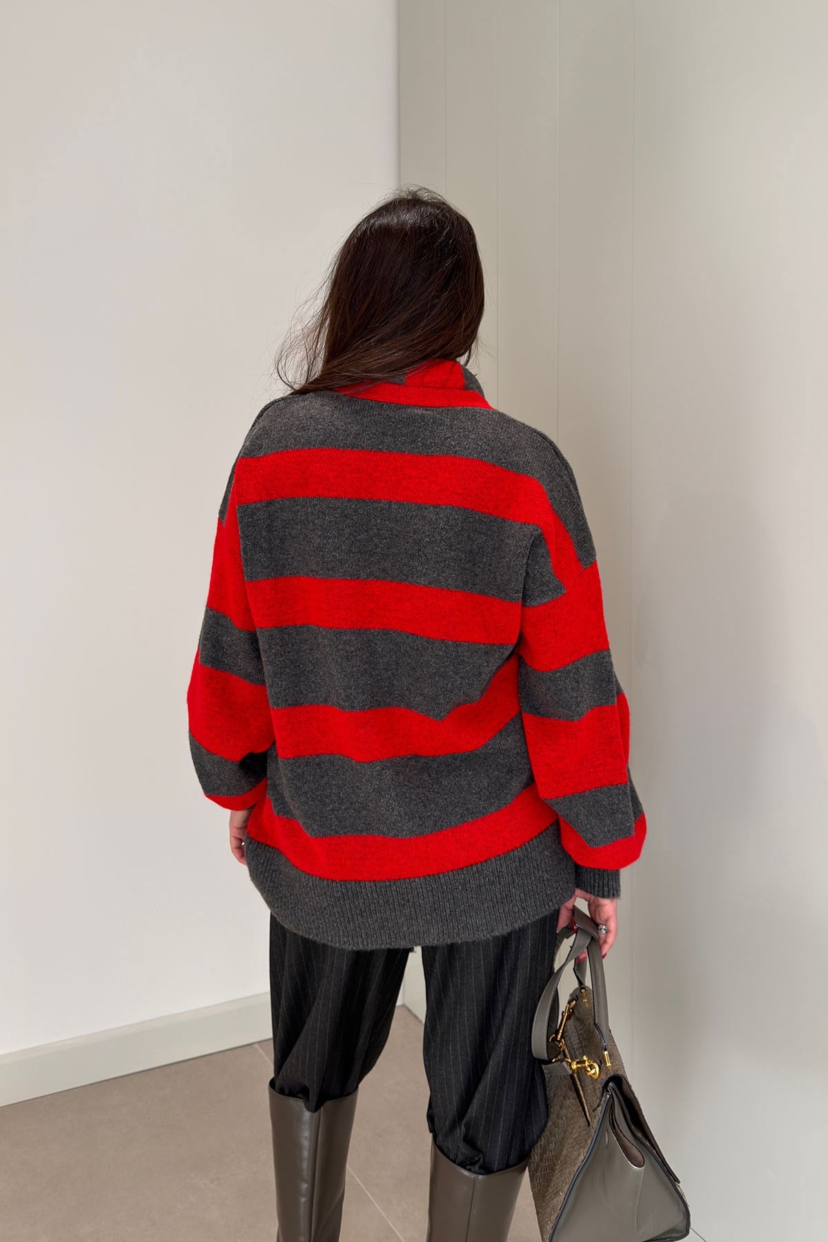 Şal Desen Çizgili Oversize Hırka- ANTRASİT