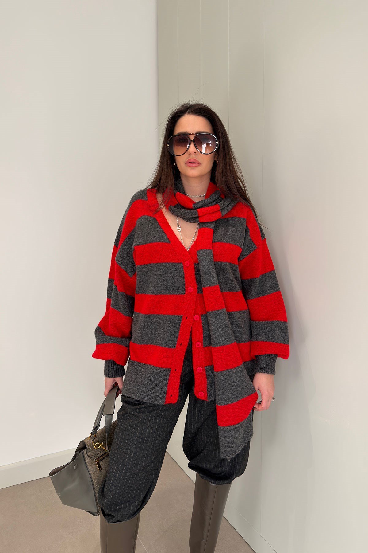Şal Desen Çizgili Oversize Hırka- ANTRASİT