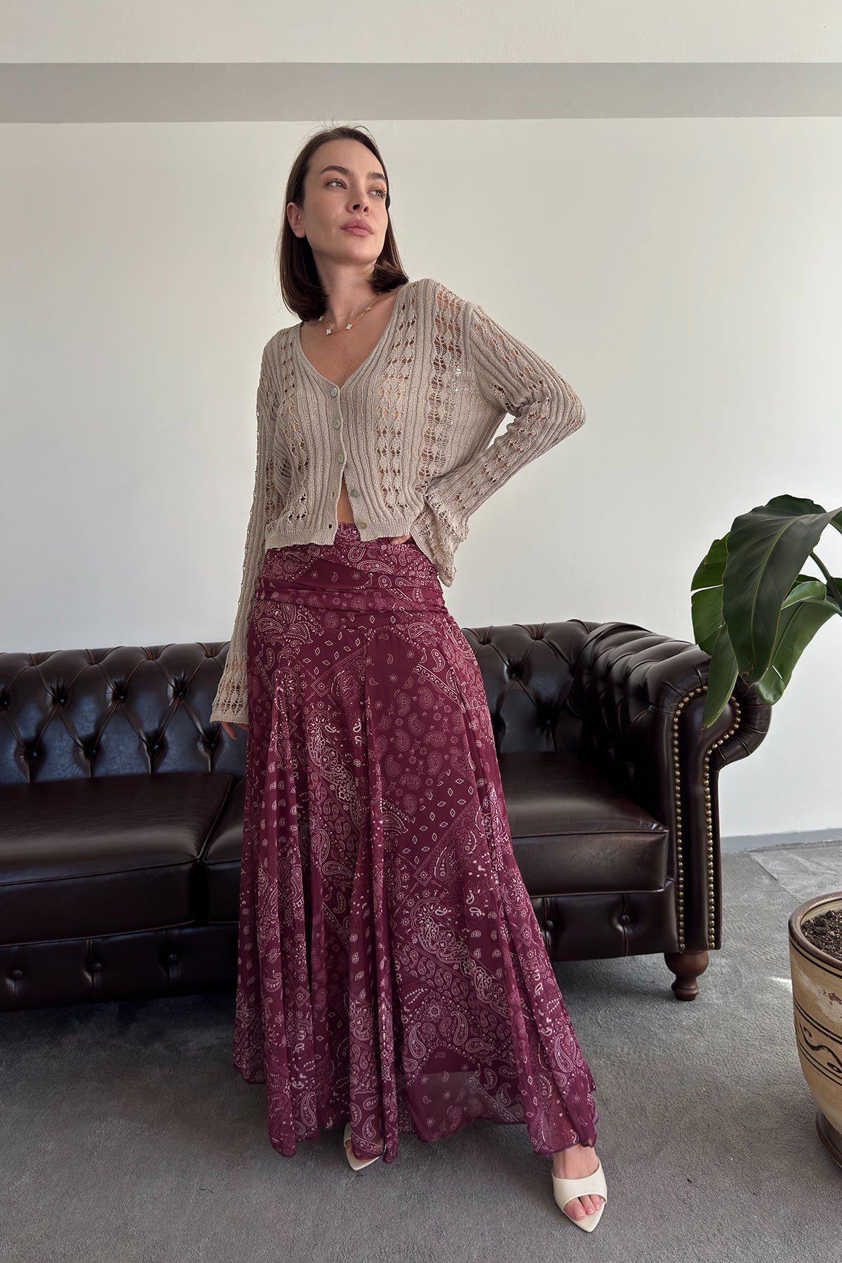 Şal Desen Premium Özel Seri Etek- BORDO