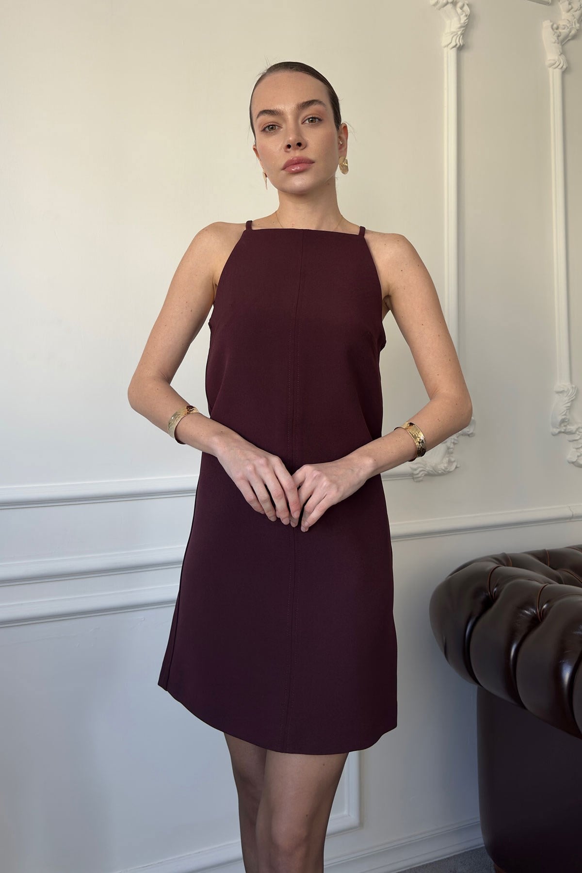 Sıfır Kol Tasarım Mini Elbise- BORDO