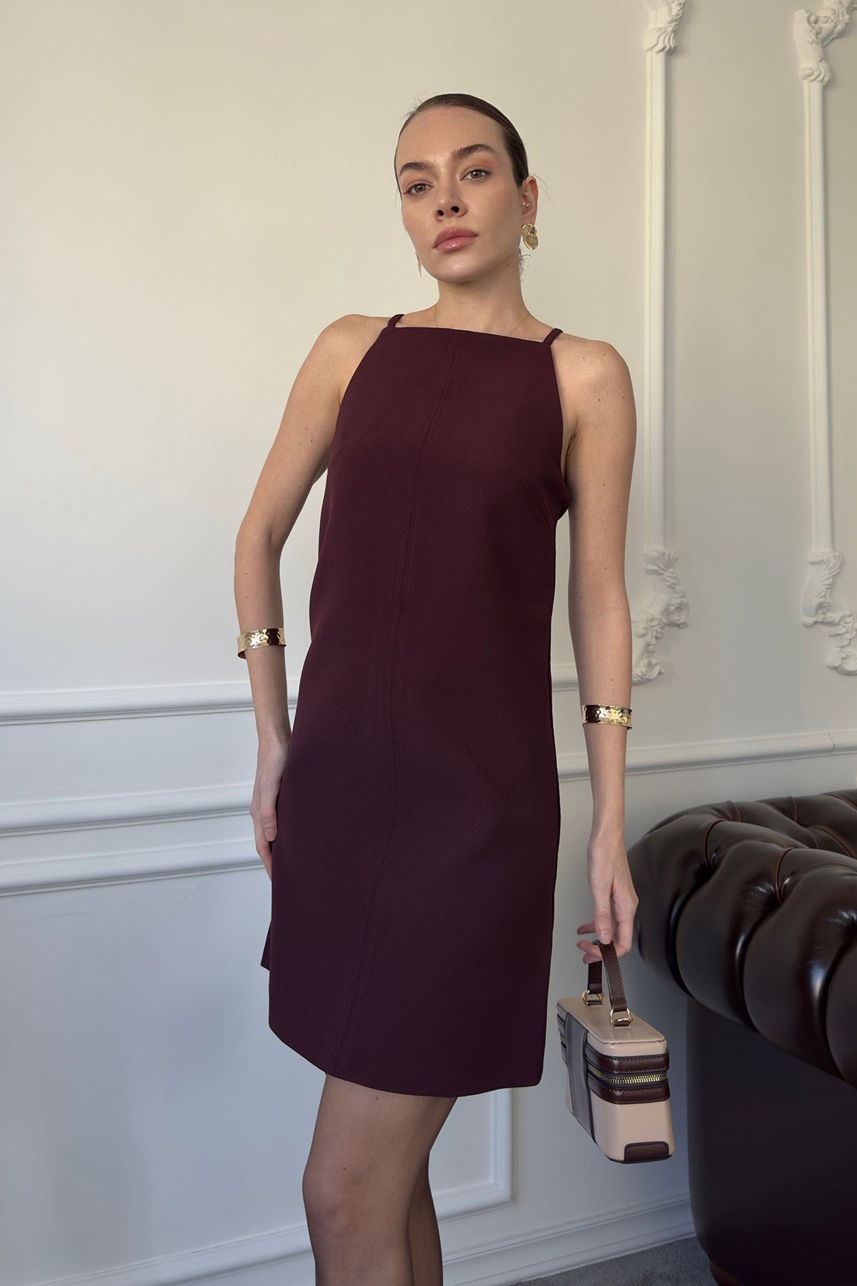 Sıfır Kol Tasarım Mini Elbise- BORDO