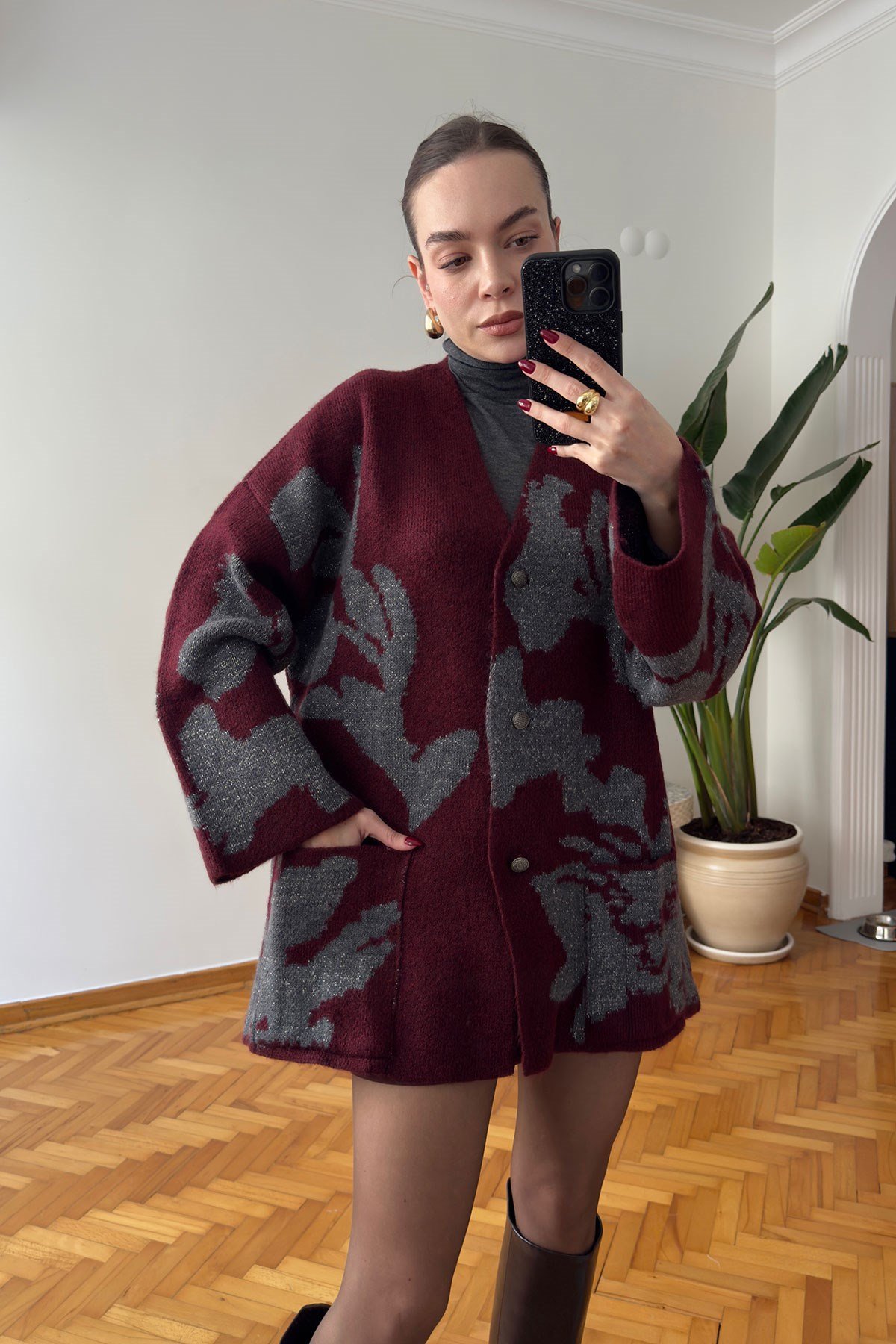 Simli Yaprak Desenli Hırka- BORDO