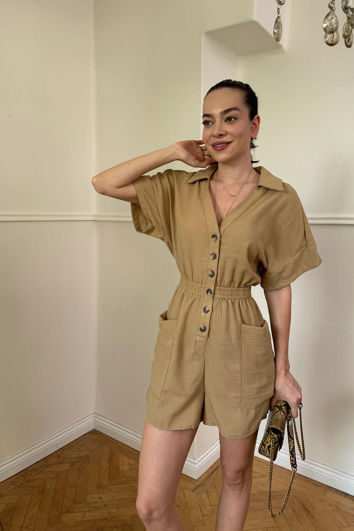 Şortlu Keten Mini Tulum- CAMEL