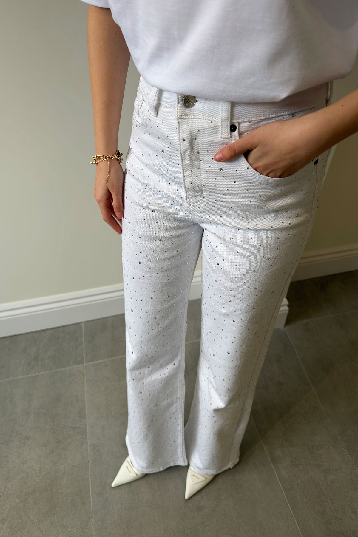 Taş Detaylı Wide Leg Jean- BEYAZ