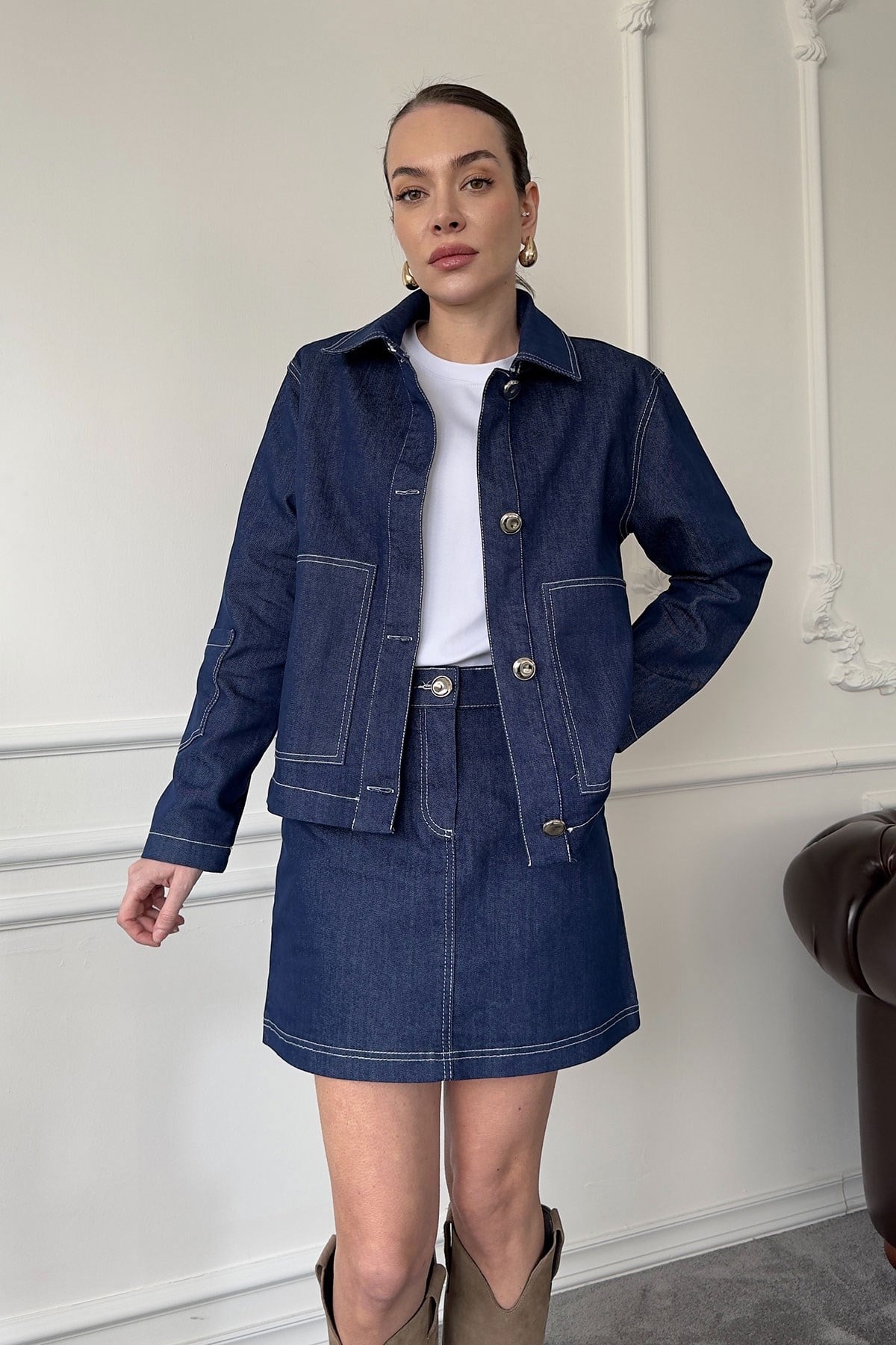Tasarım Denim Gömlek Ceket- MAVİ