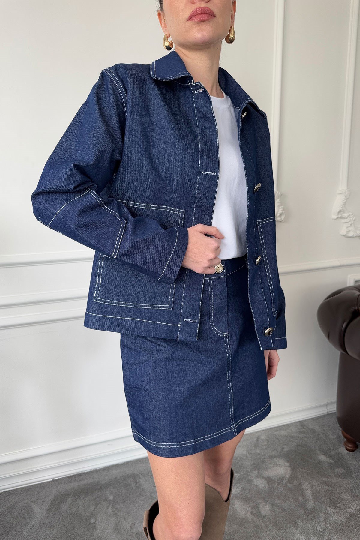 Tasarım Denim Gömlek Ceket- MAVİ