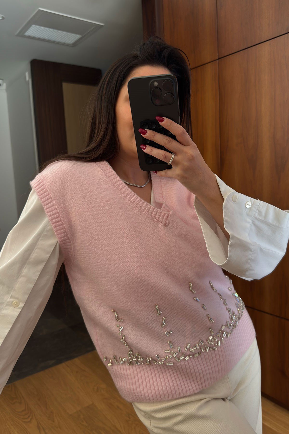 Taşlı V Yaka Süveter- PEMBE