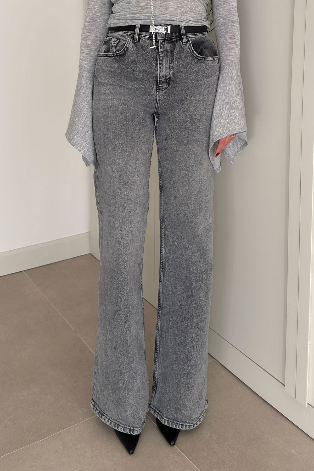 Tintli Wide Leg Jean- GRİ