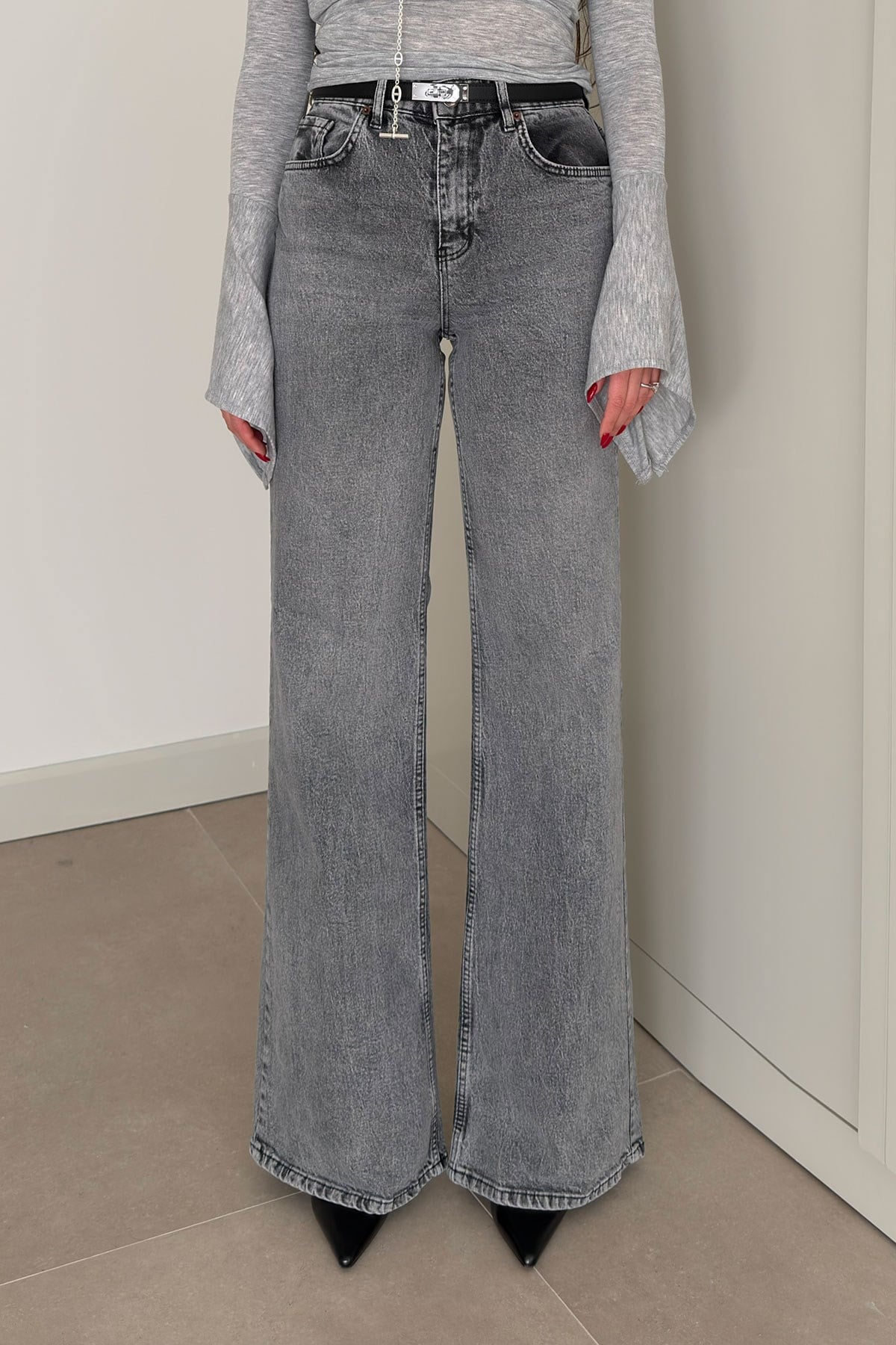 Tintli Wide Leg Jean- GRİ