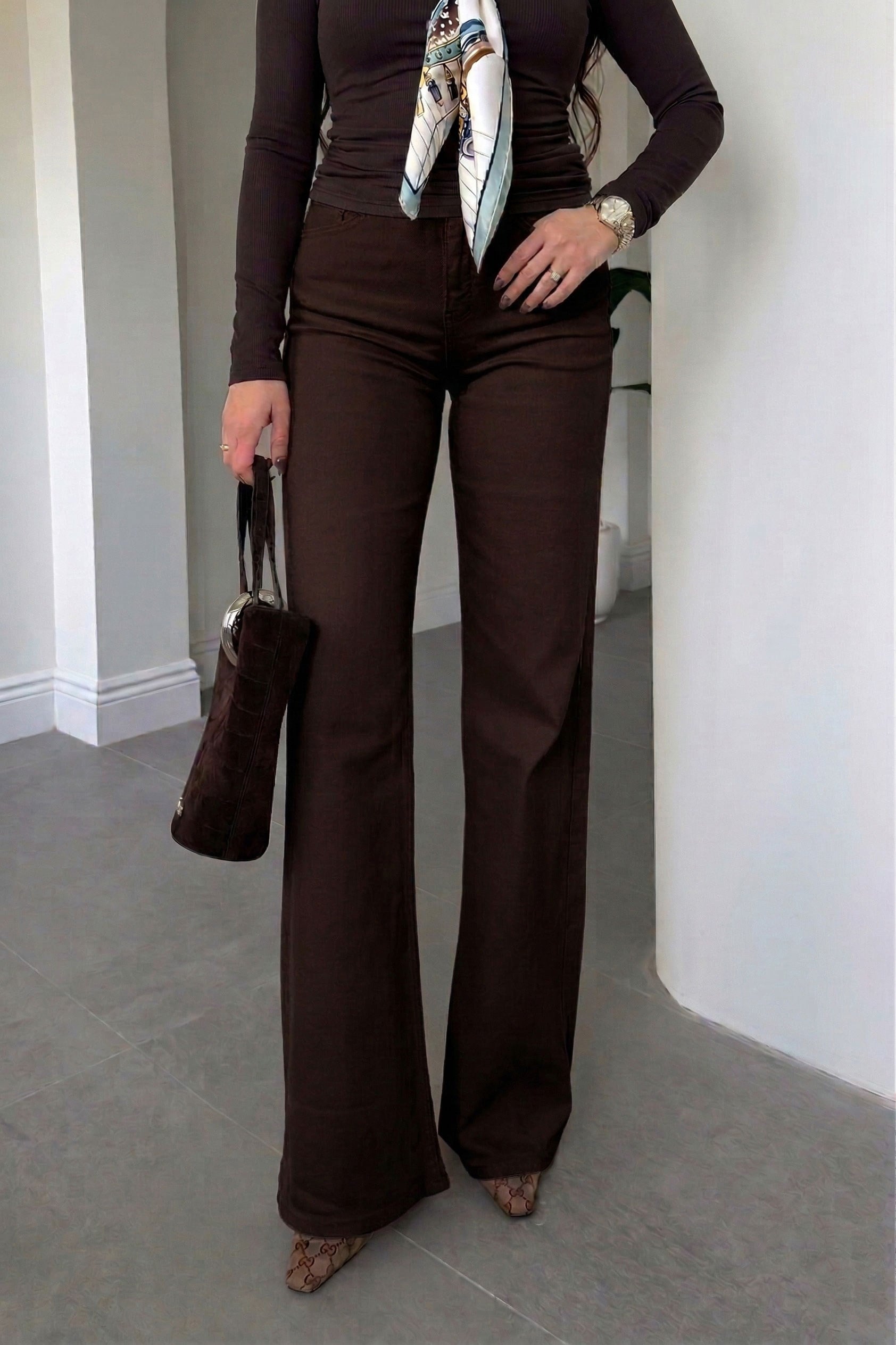 Tintli Wide Leg Jean- KAHVERENGİ