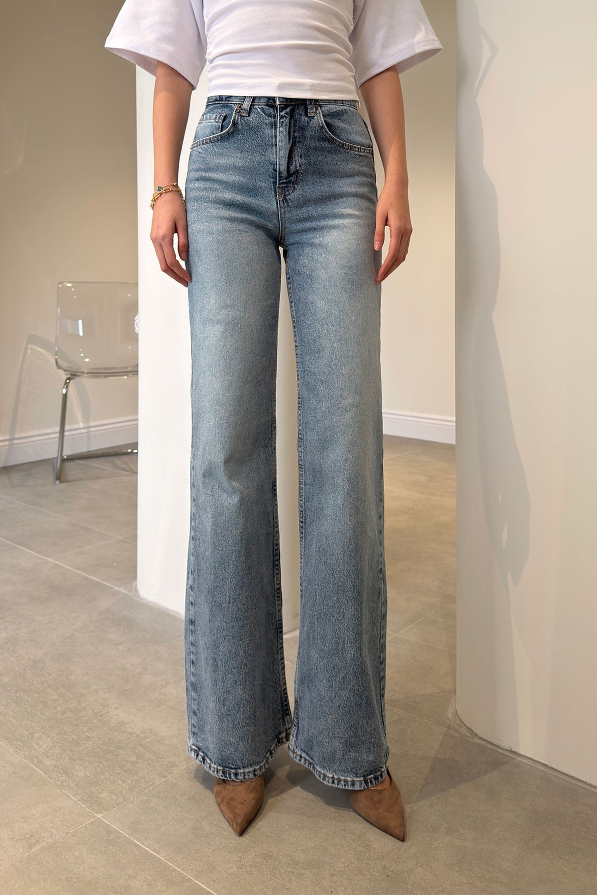 Tintli Wide Leg Jean Kar Yıkama- MAVİ