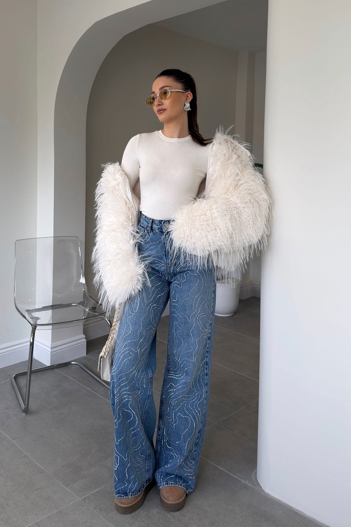 Tintli Wide Leg Taşlı Jean- MAVİ