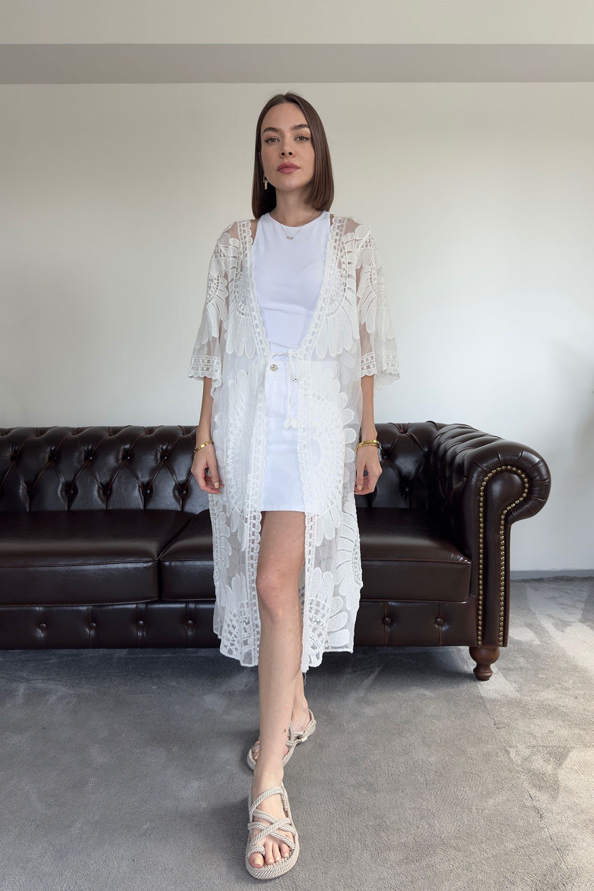 Traspran Premium Makrome Kimono- BEYAZ