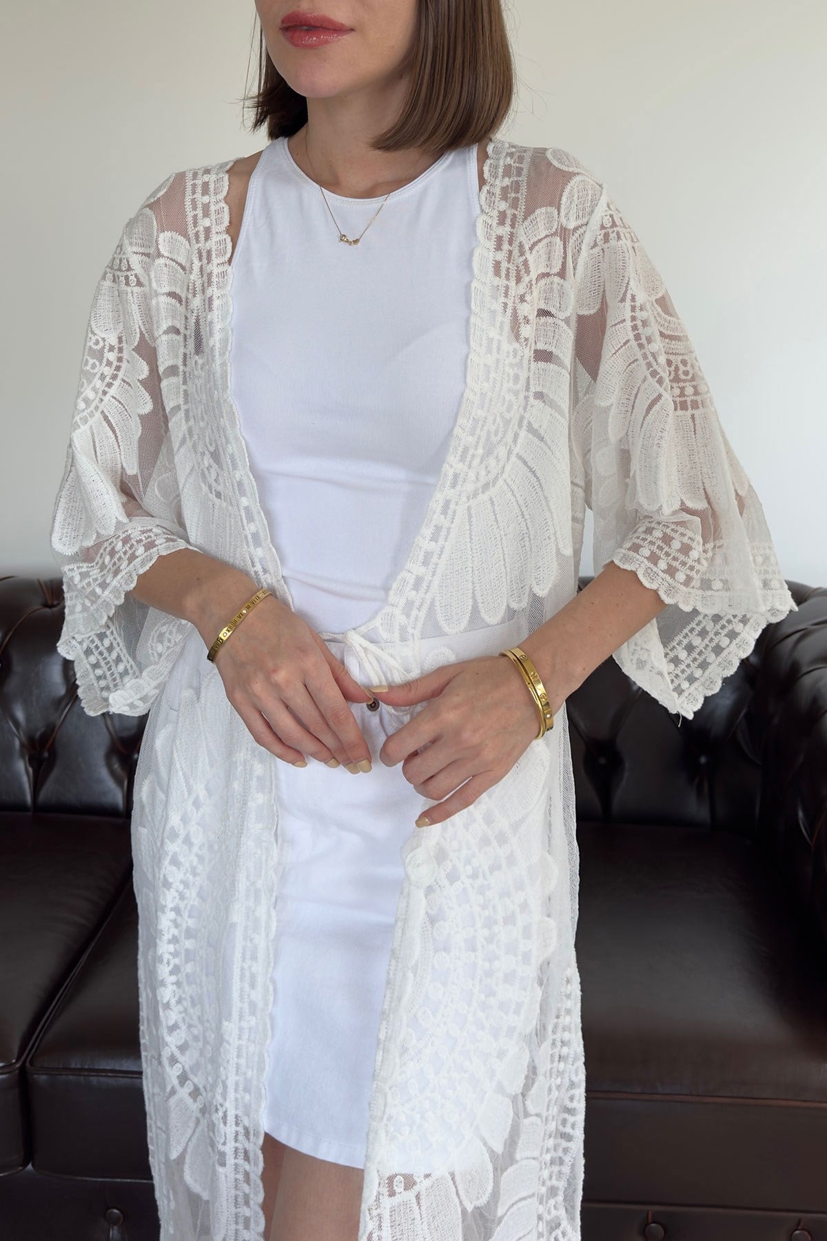 Traspran Premium Makrome Kimono- BEYAZ