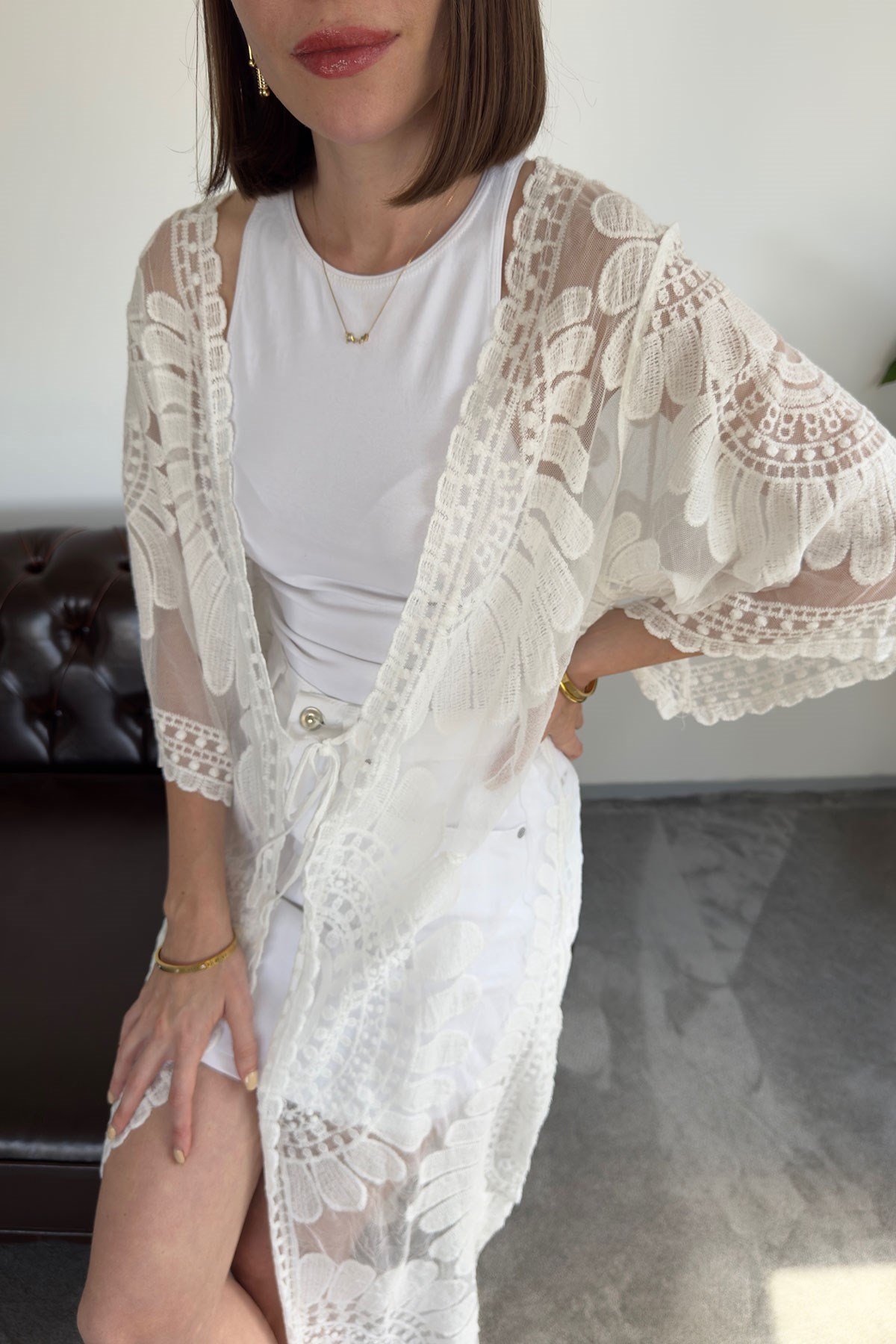 Traspran Premium Makrome Kimono- BEYAZ