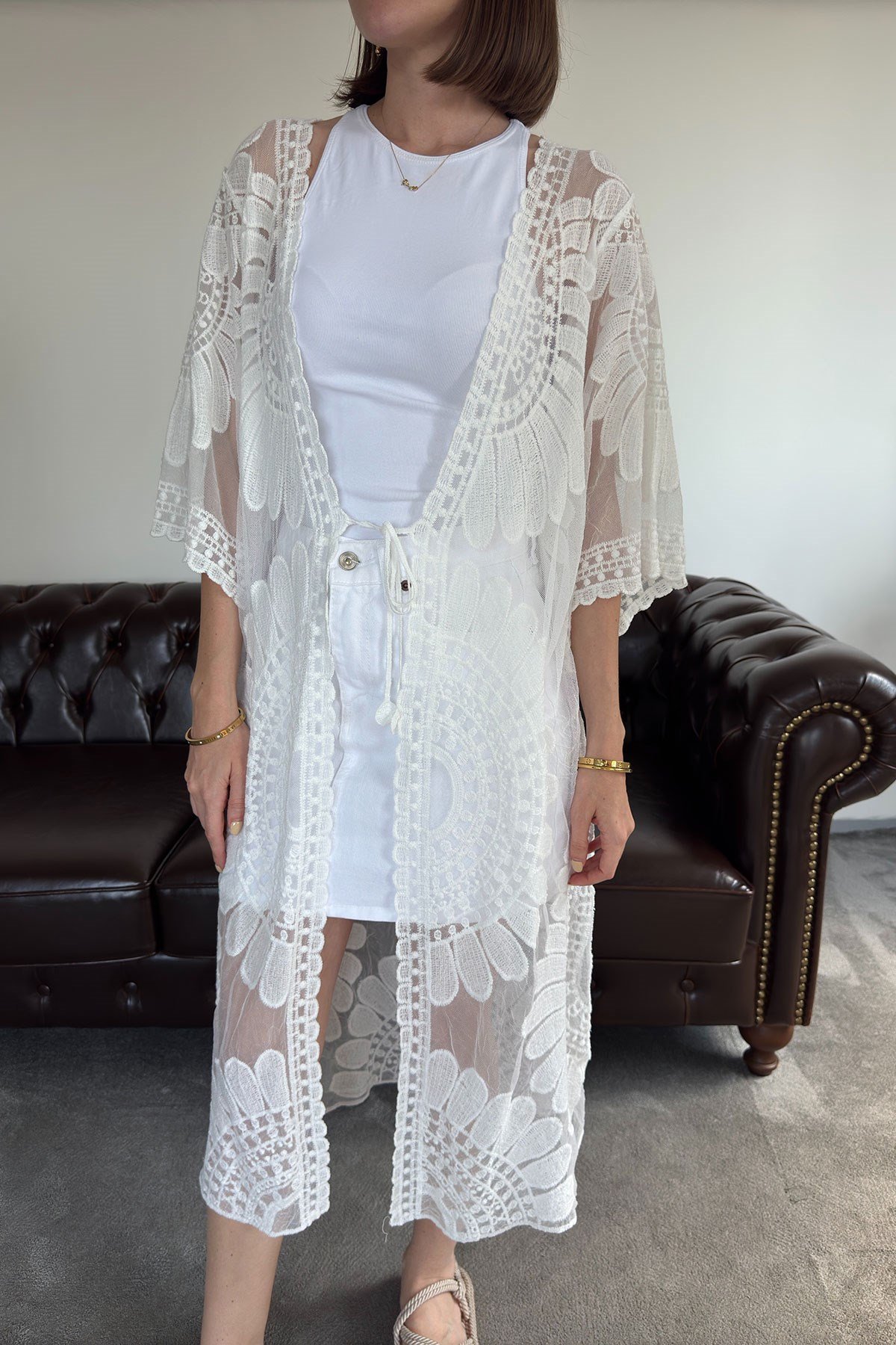 Traspran Premium Makrome Kimono- BEYAZ