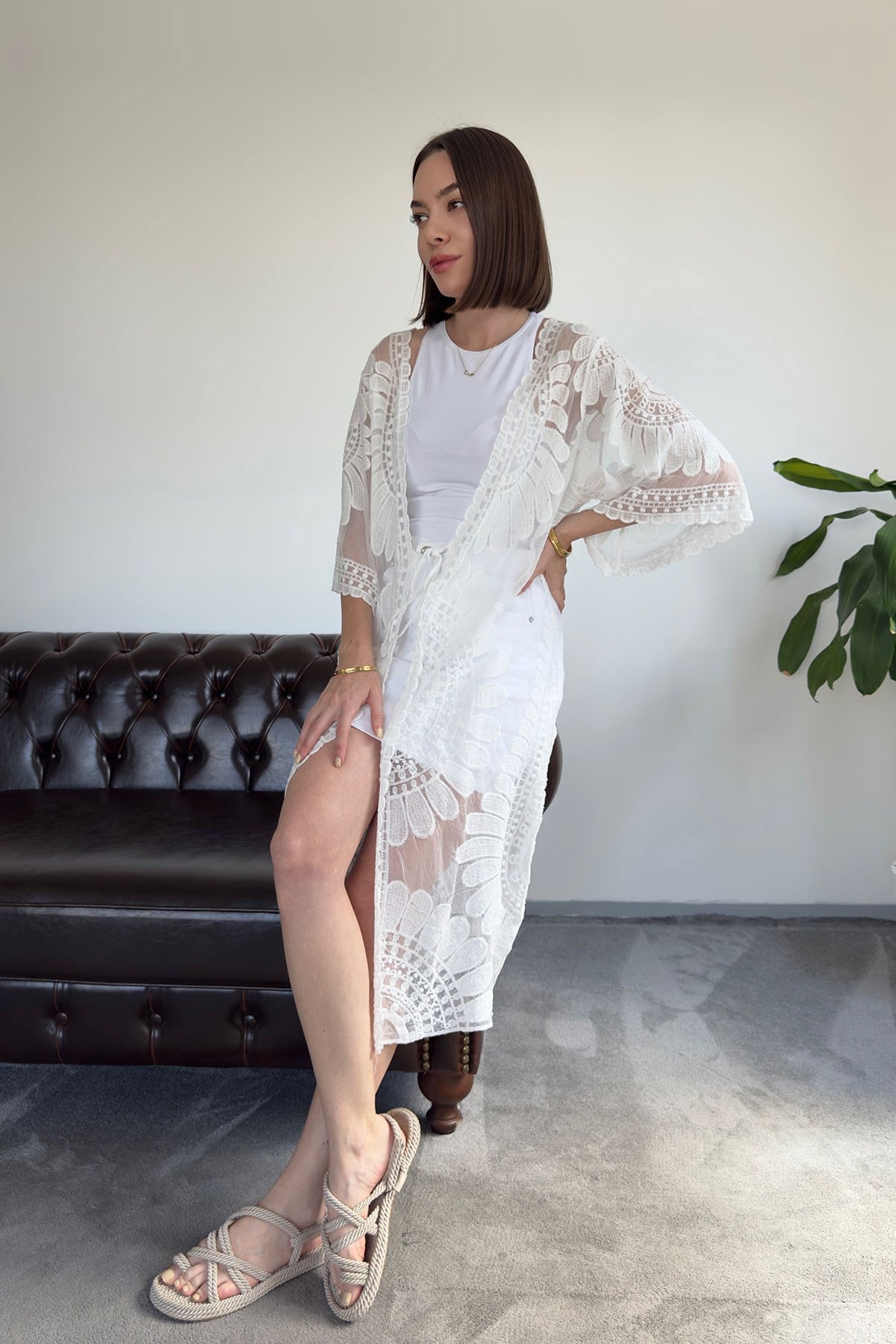 Traspran Premium Makrome Kimono- BEYAZ
