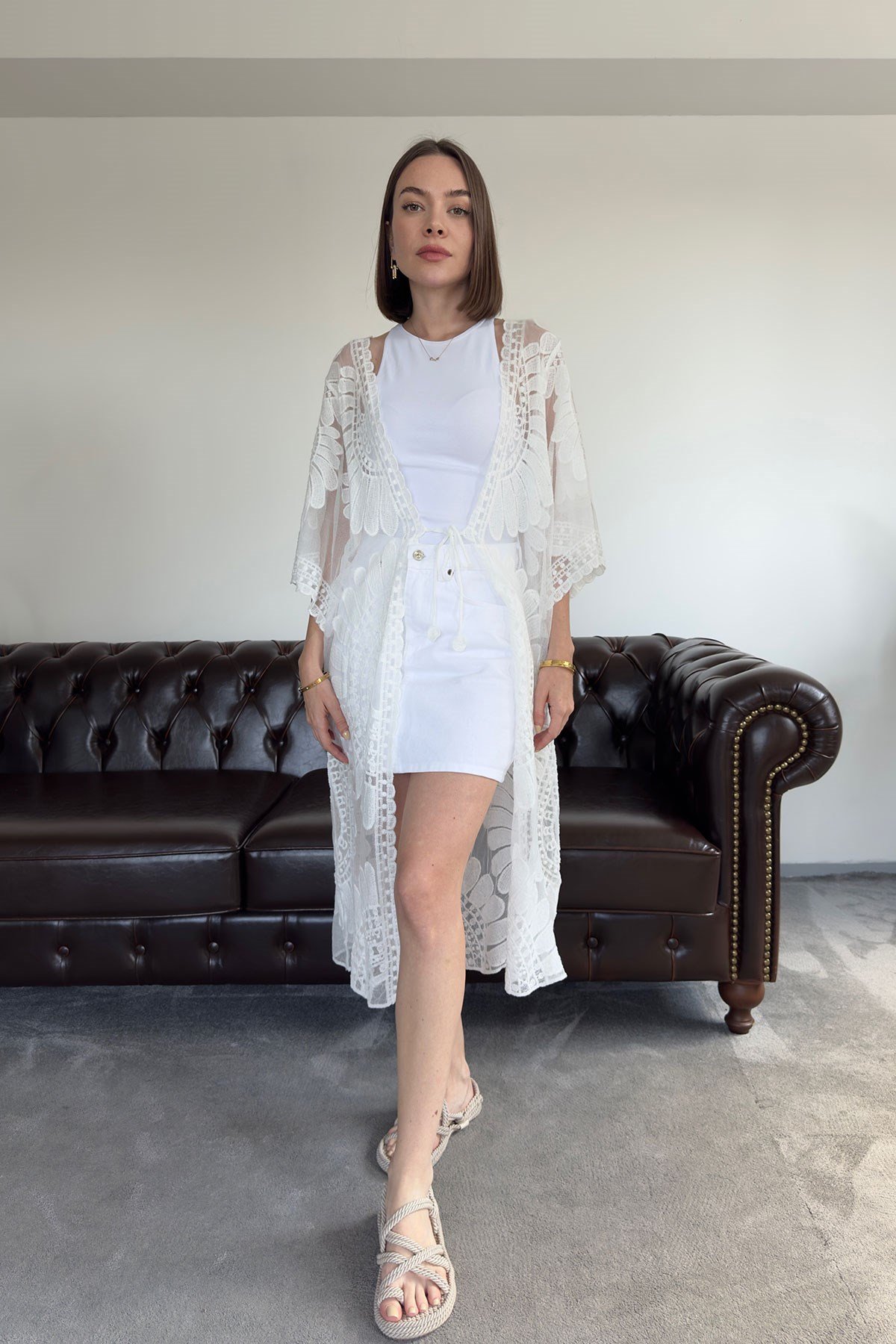 Traspran Premium Makrome Kimono- BEYAZ