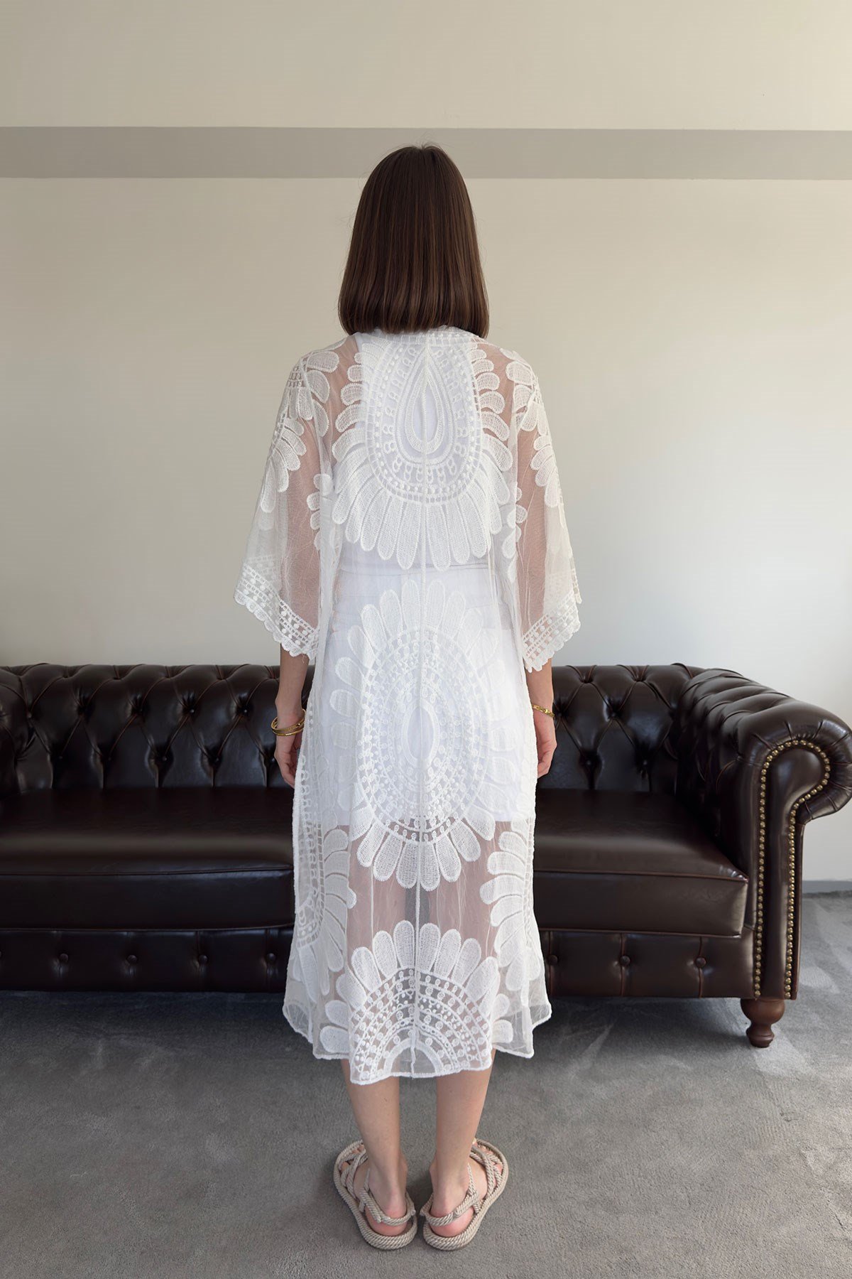 Traspran Premium Makrome Kimono- BEYAZ