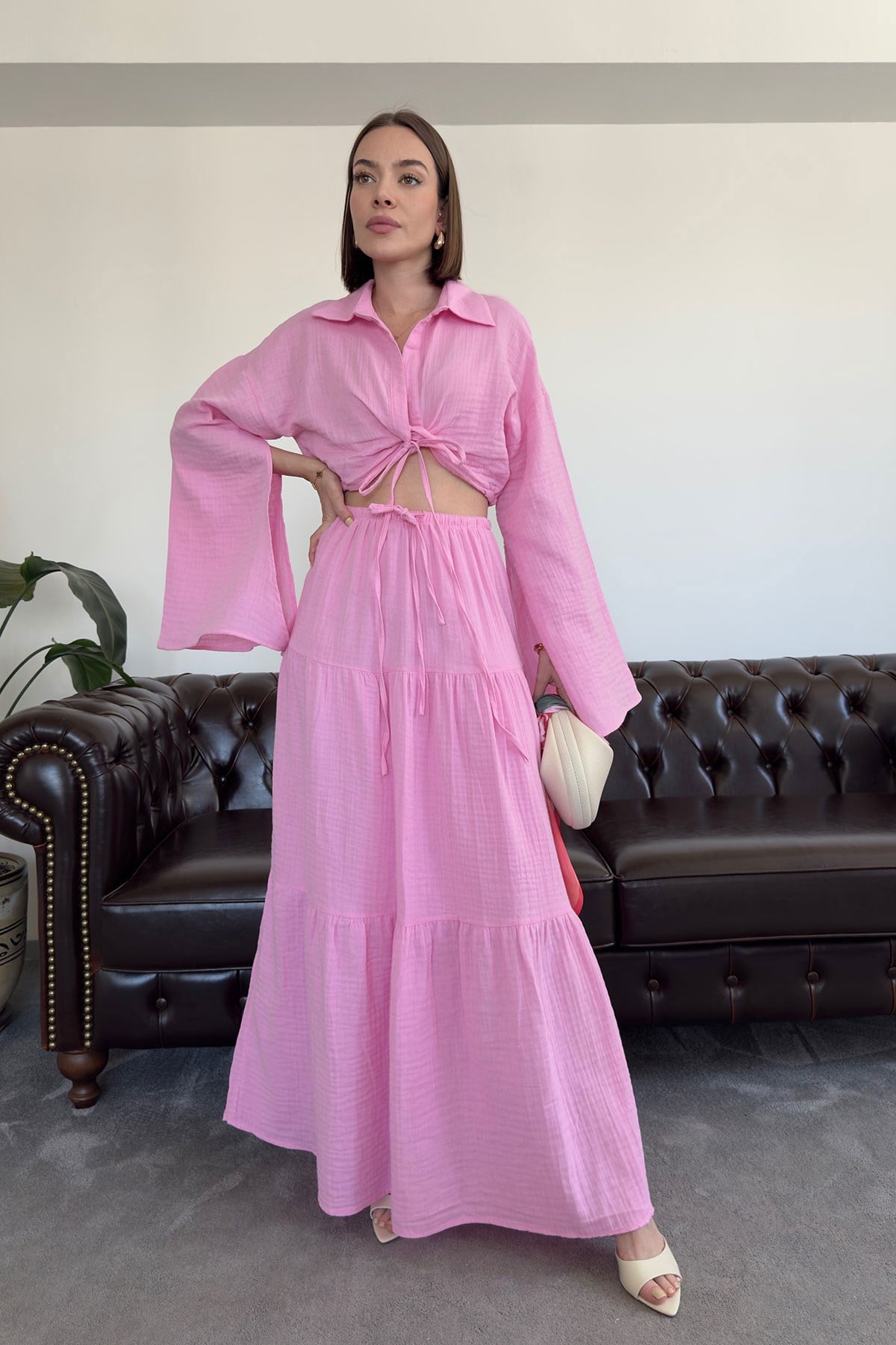 Truvakal Kol Premium Etekli Keten Takım- PEMBE