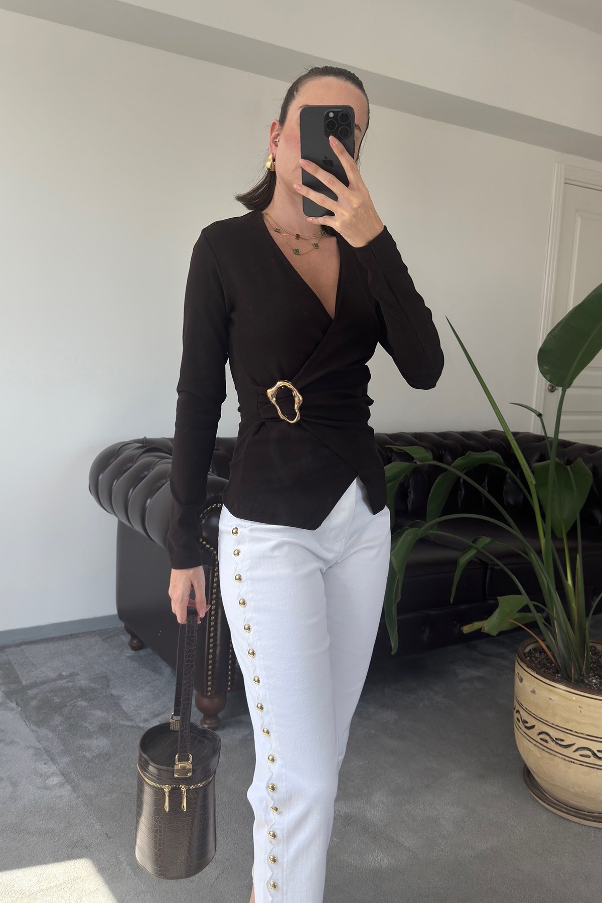 Uzun Kol Gold Broşlu Premium Bluz- KAHVERENGİ