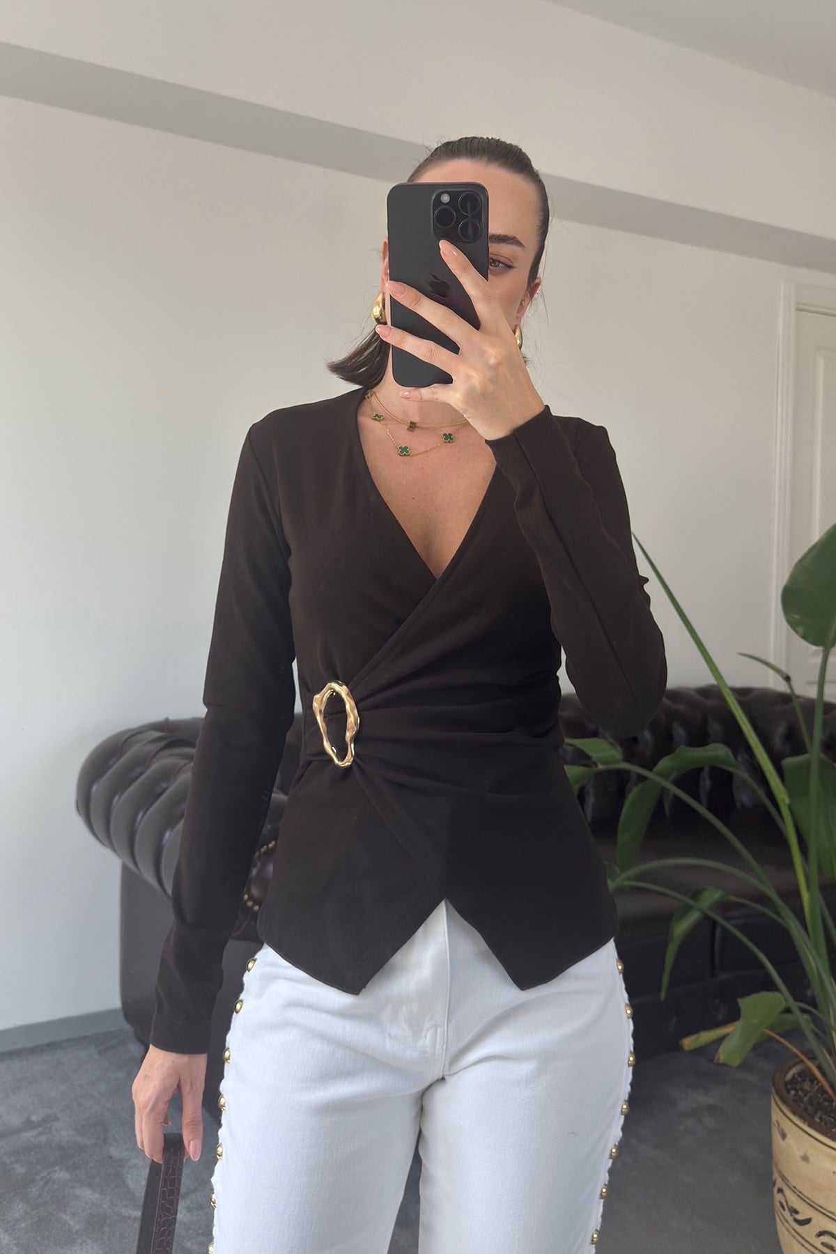 Uzun Kol Gold Broşlu Premium Bluz- KAHVERENGİ