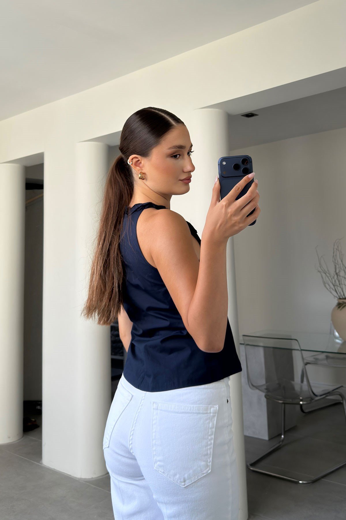 V YAKA FIRFIRLI BLUZ- LACİVERT