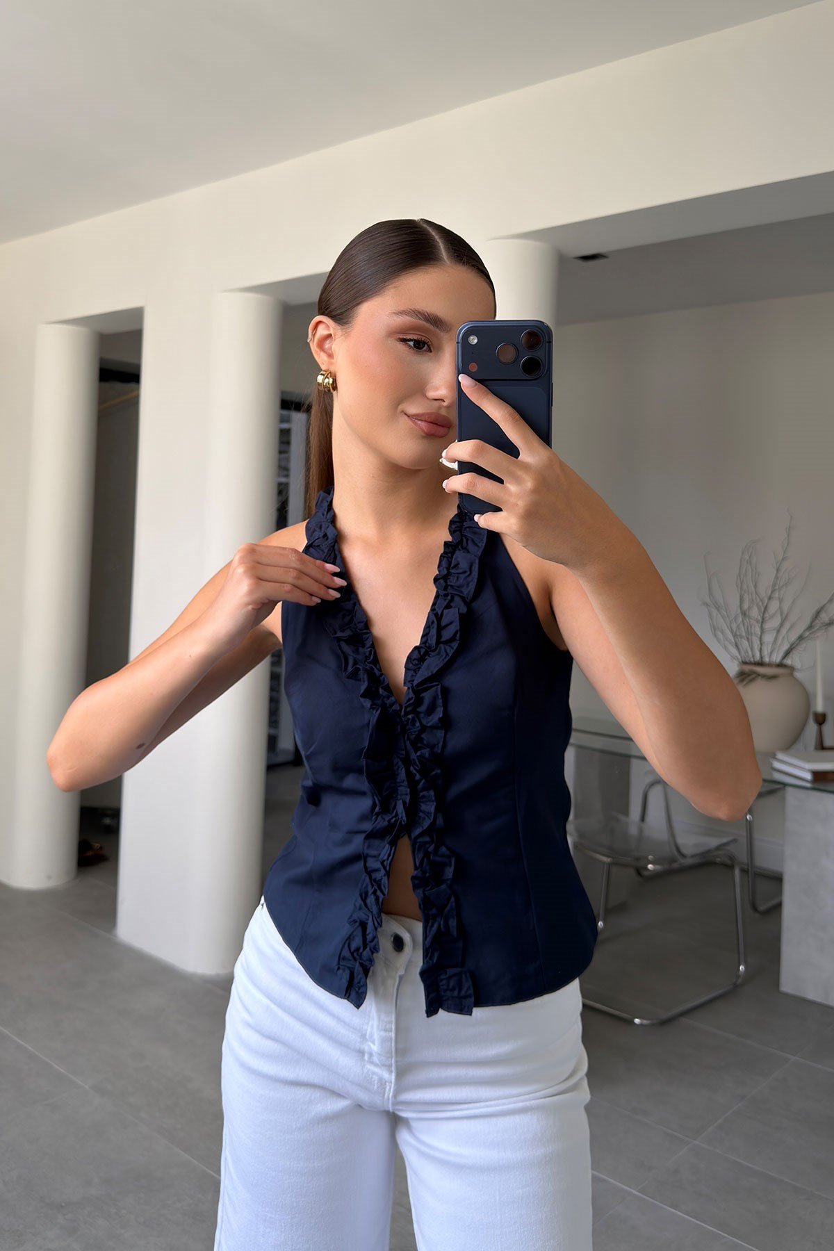 V YAKA FIRFIRLI BLUZ- LACİVERT
