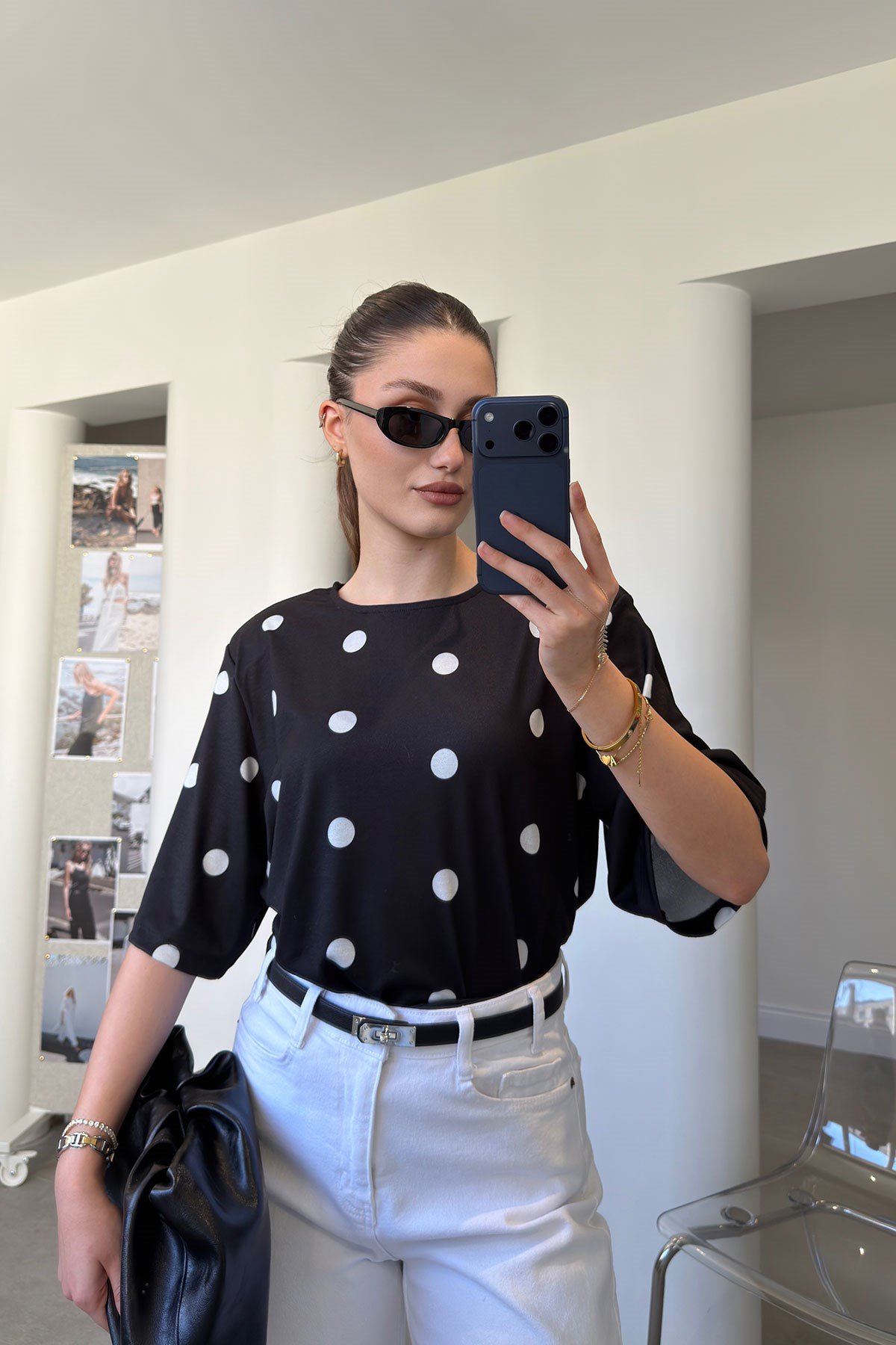 Vatkalı Oversize Puantiyeli Bluz- SİYAH