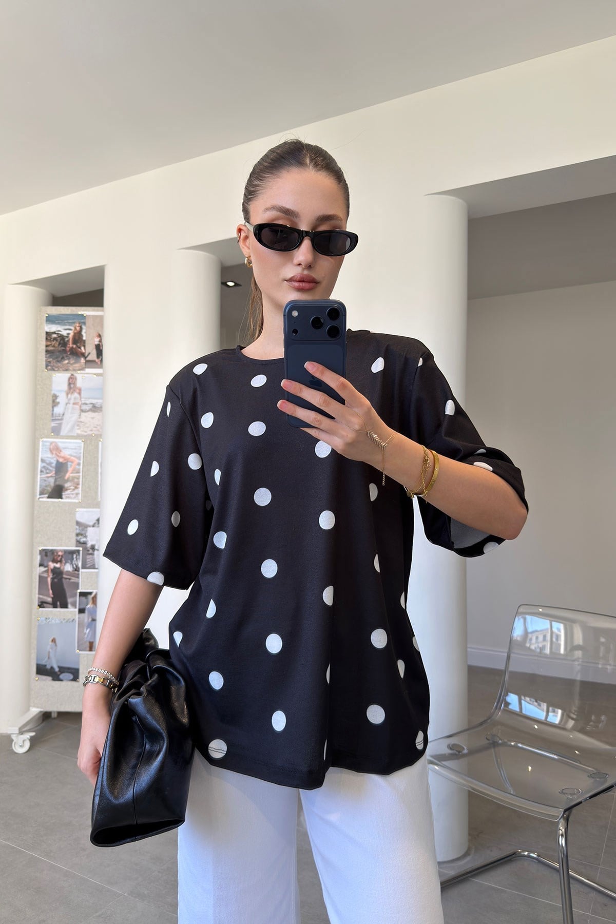 Vatkalı Oversize Puantiyeli Bluz- SİYAH