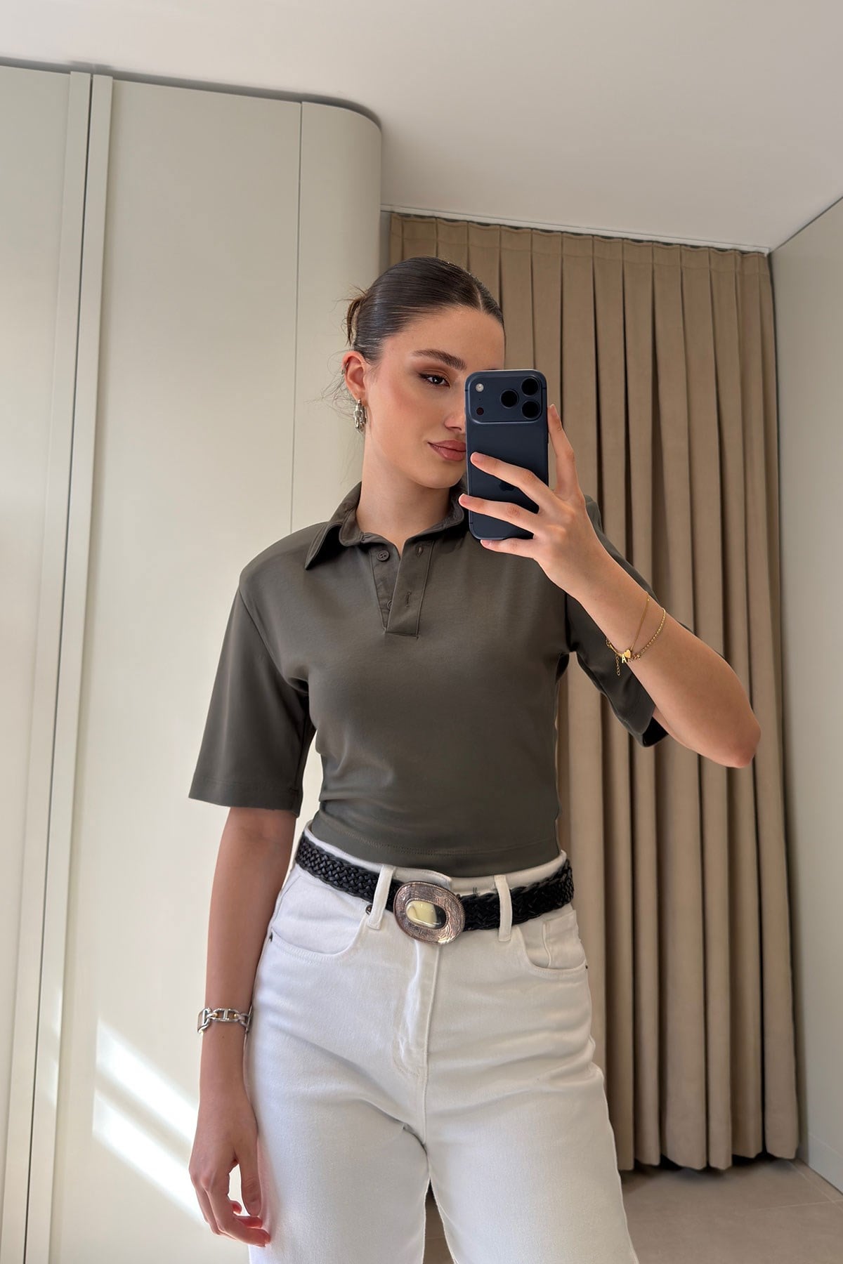 Vatkalı Premium Polo Yaka Bluz- HAKİ