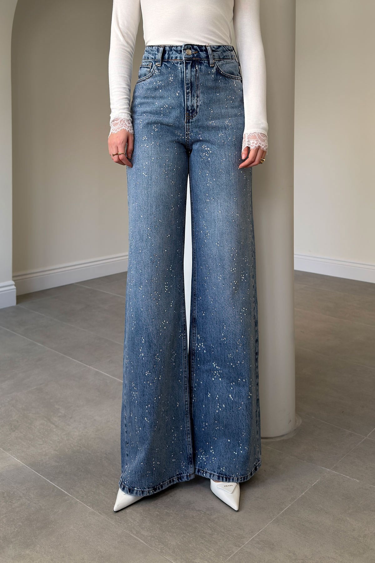 Wide Leg Önü Taşlı Jean- MAVİ