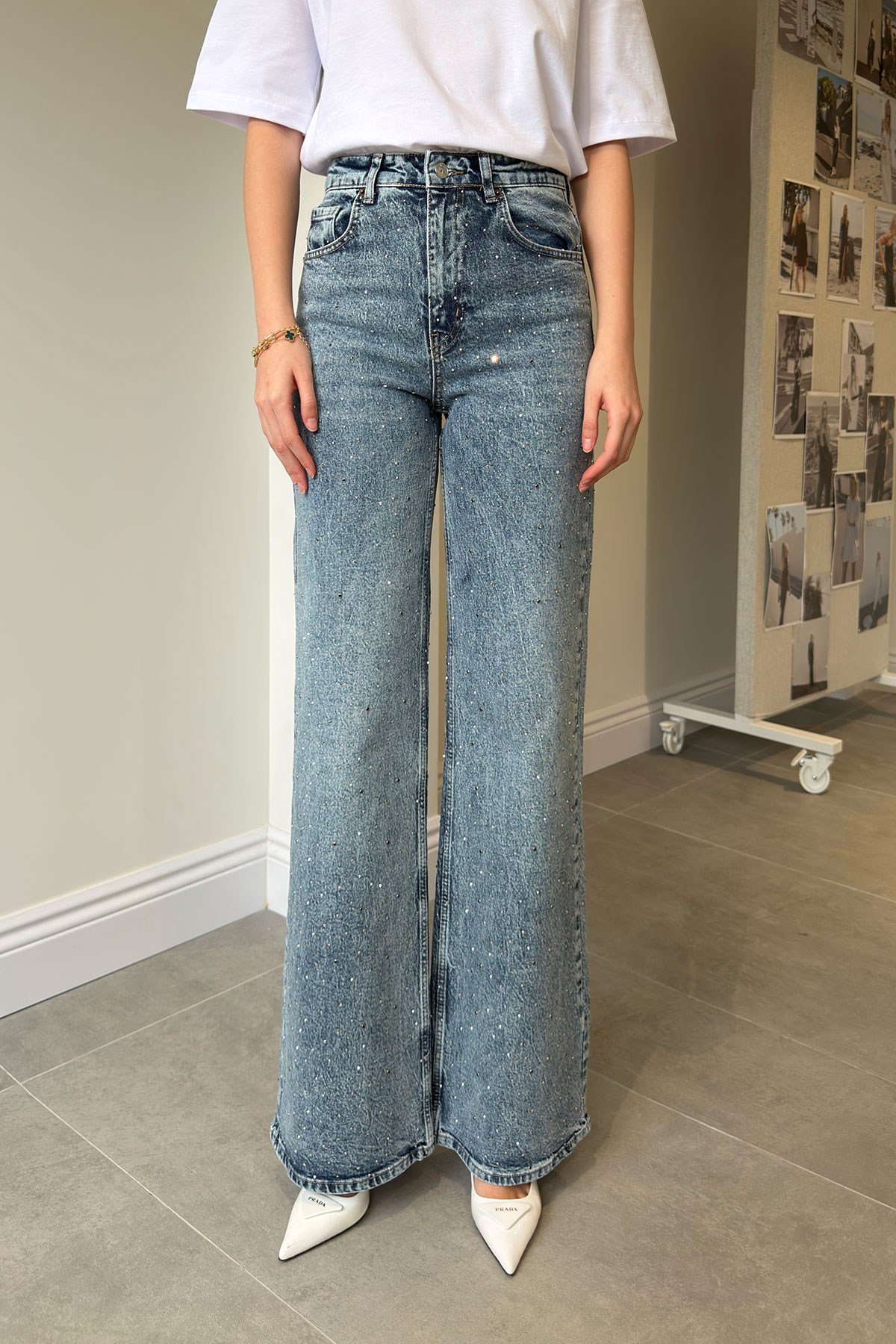 Wideleg Bol Paça Taşlı Jean- MAVİ
