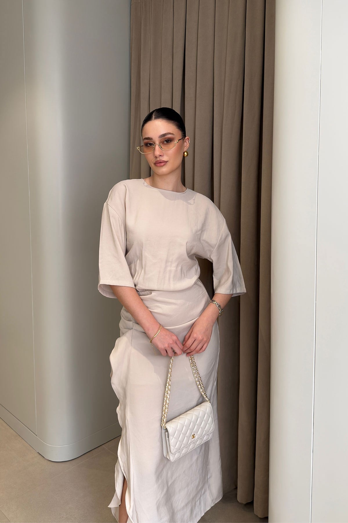 Yarasa Kol Drape Detaylı Maxi Boy Elbise- BEJ