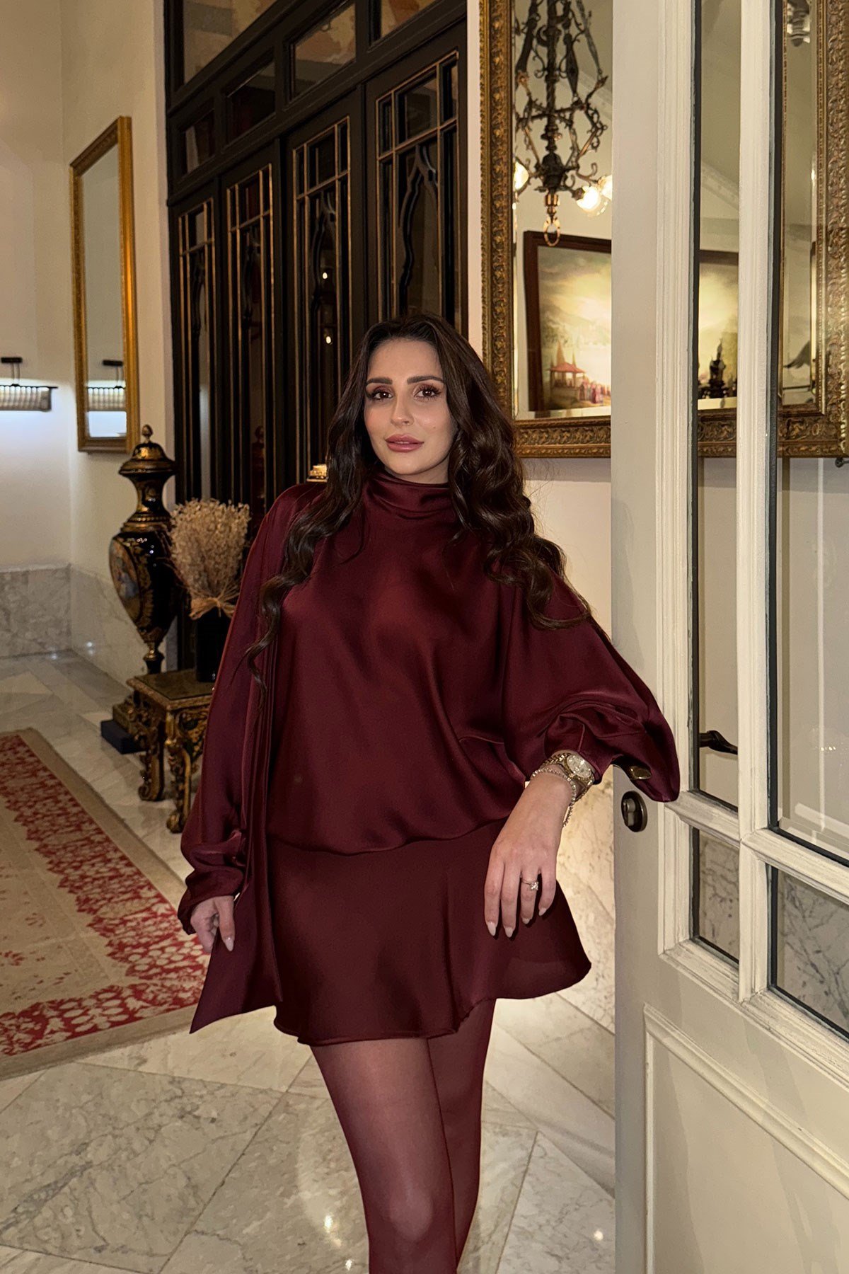 Yarasa Kol Premium Saten Elbise- BORDO