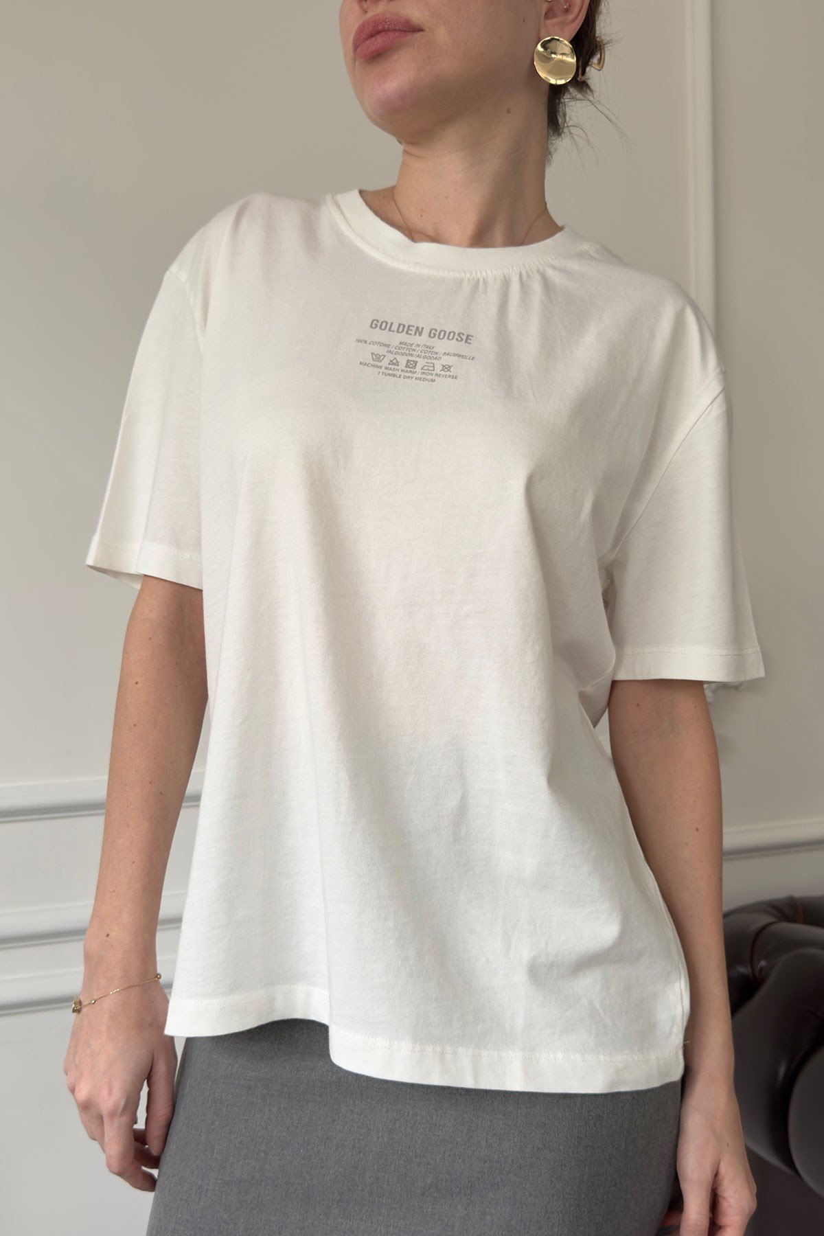 Yazı Baskılı Nakış Detay Tshirt- EKRU