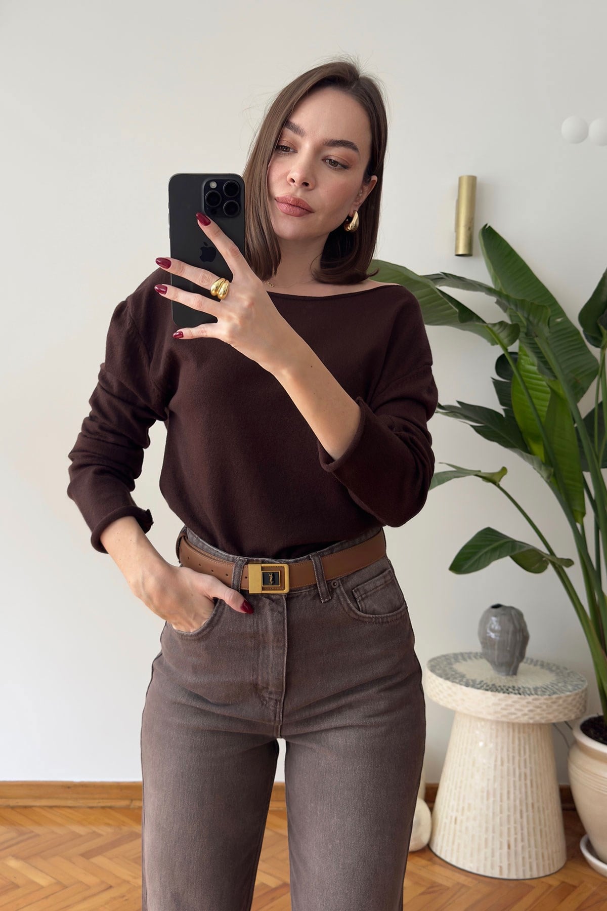Yeni Model Kayık Yaka Triko Bluz- KAHVERENGİ