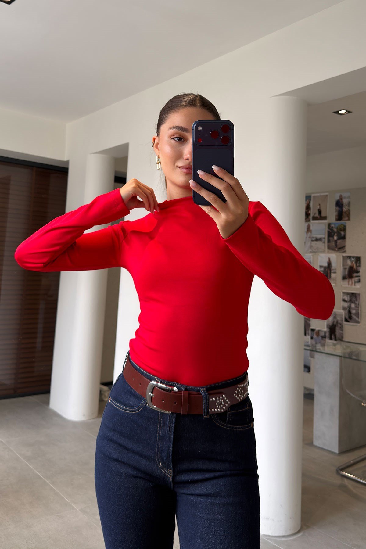 Yeni Sezon Dik Yaka Uzun Kol Bluz- KIRMIZI